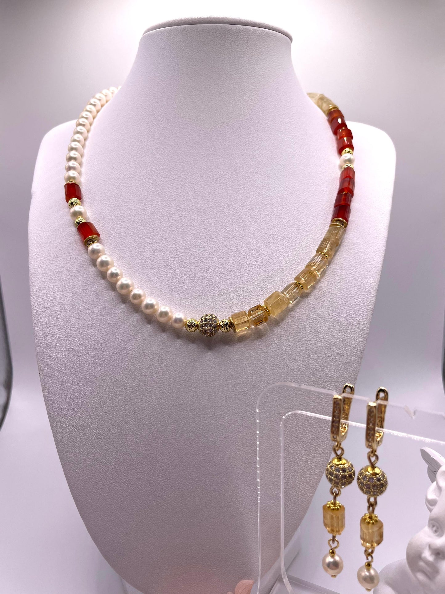 Schmuck-Set aus echten Perlen, Karneol, Citrin, Rutilquarz