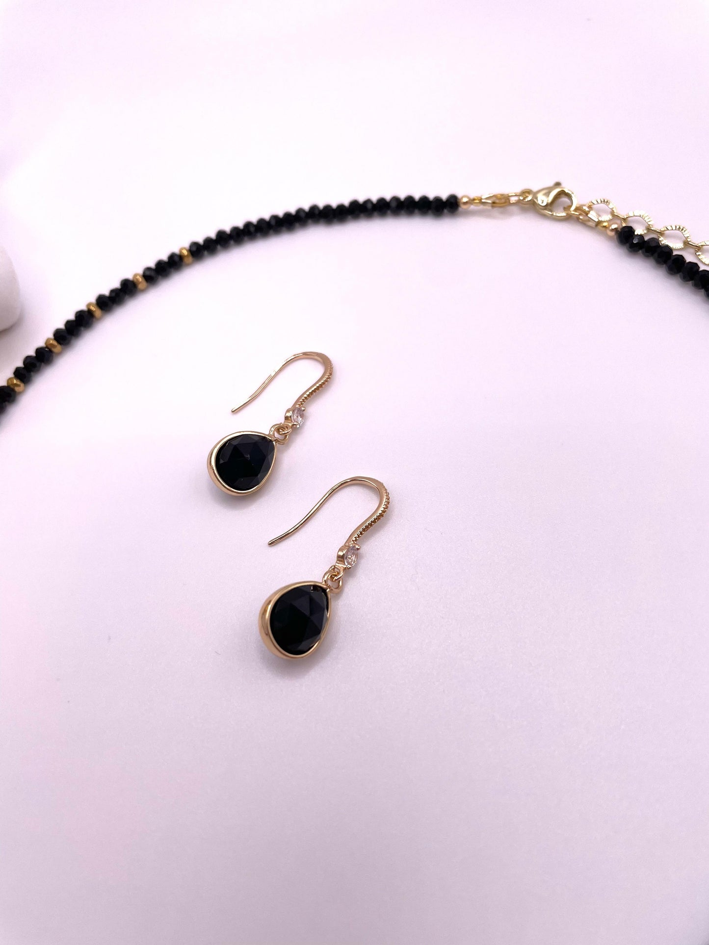 Schwarzer Turmalin Schörl, Edelstein Schmuck-Set, Kette mit Anhänger, Ohrringe