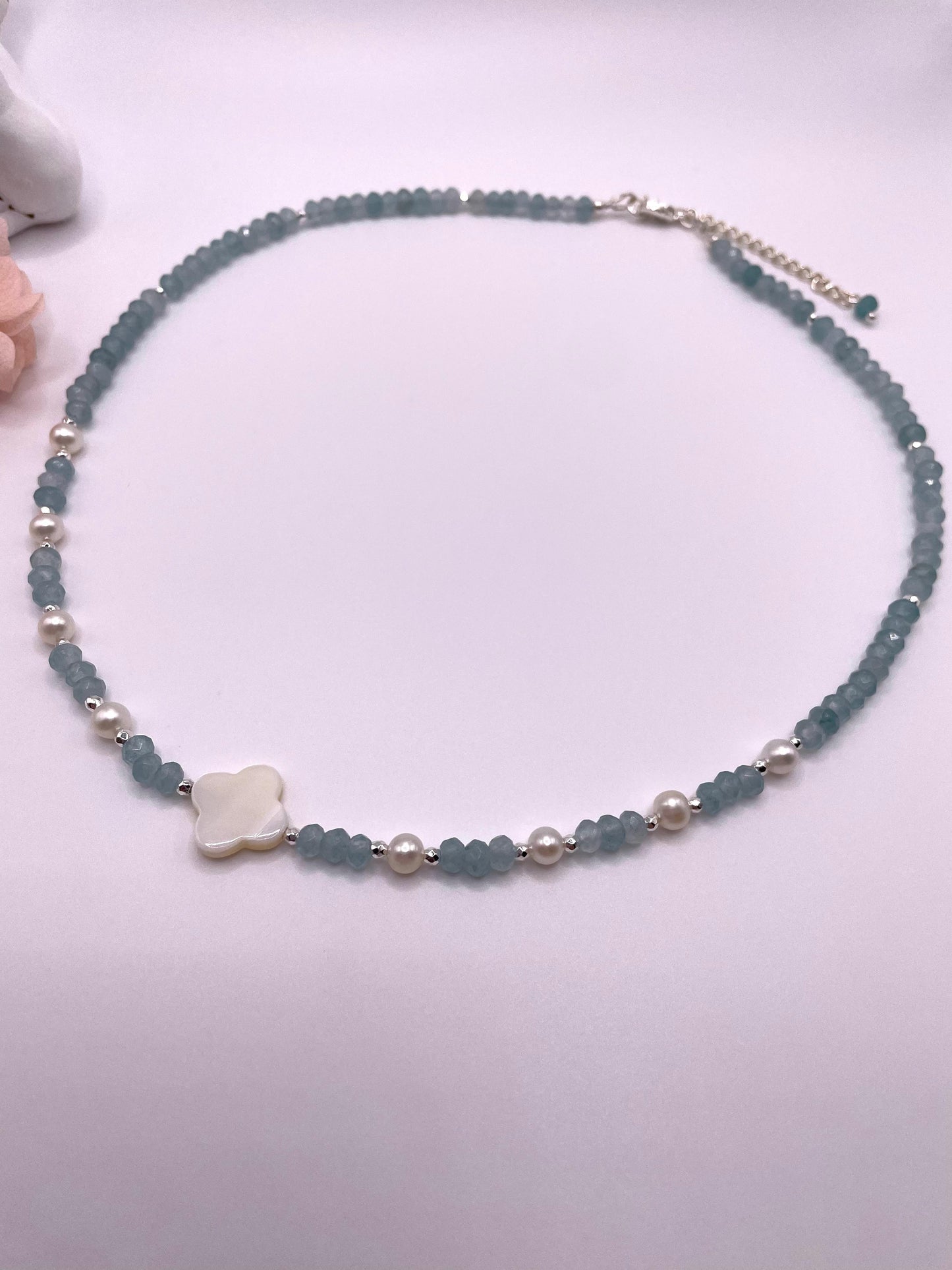 Blauer Achat, Süßwasserperlen, Perlmutt Perle, Edelsteinkette