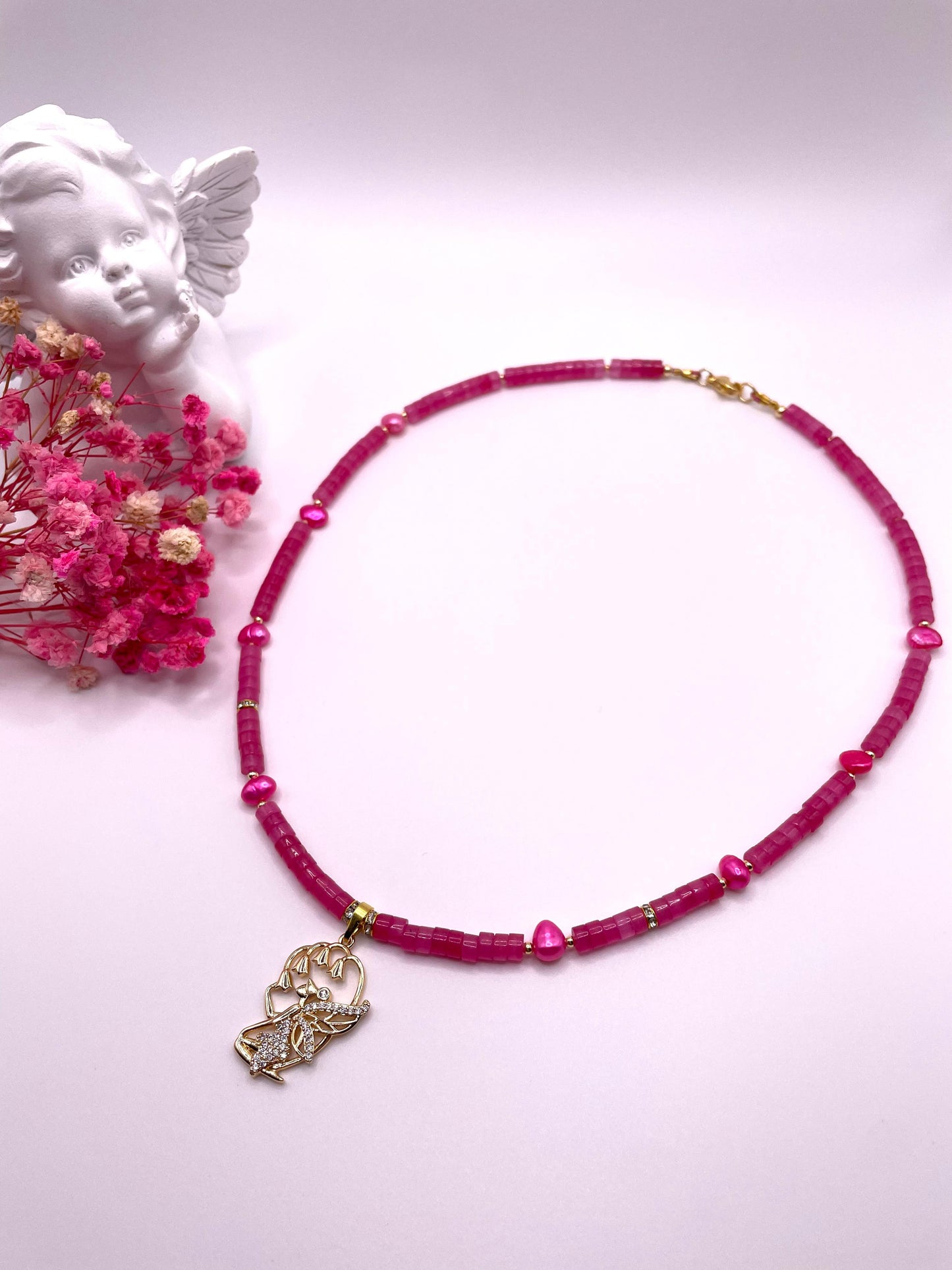 Pink Jade und Süßwasserperlen, Edelstein Kette, Choker