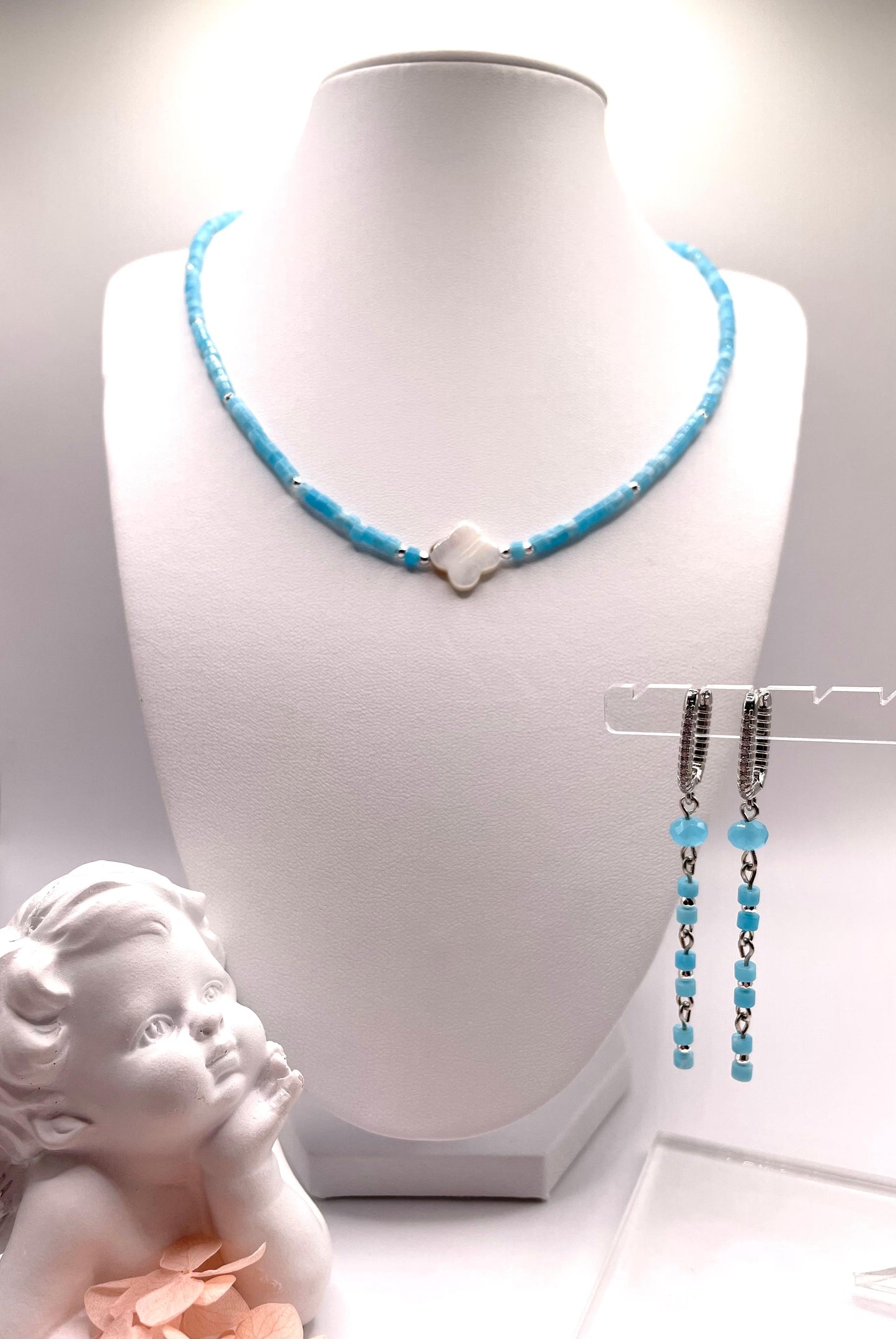 Aquamarin, Hämatit, Schmuck-Set Kette und Ohrringe