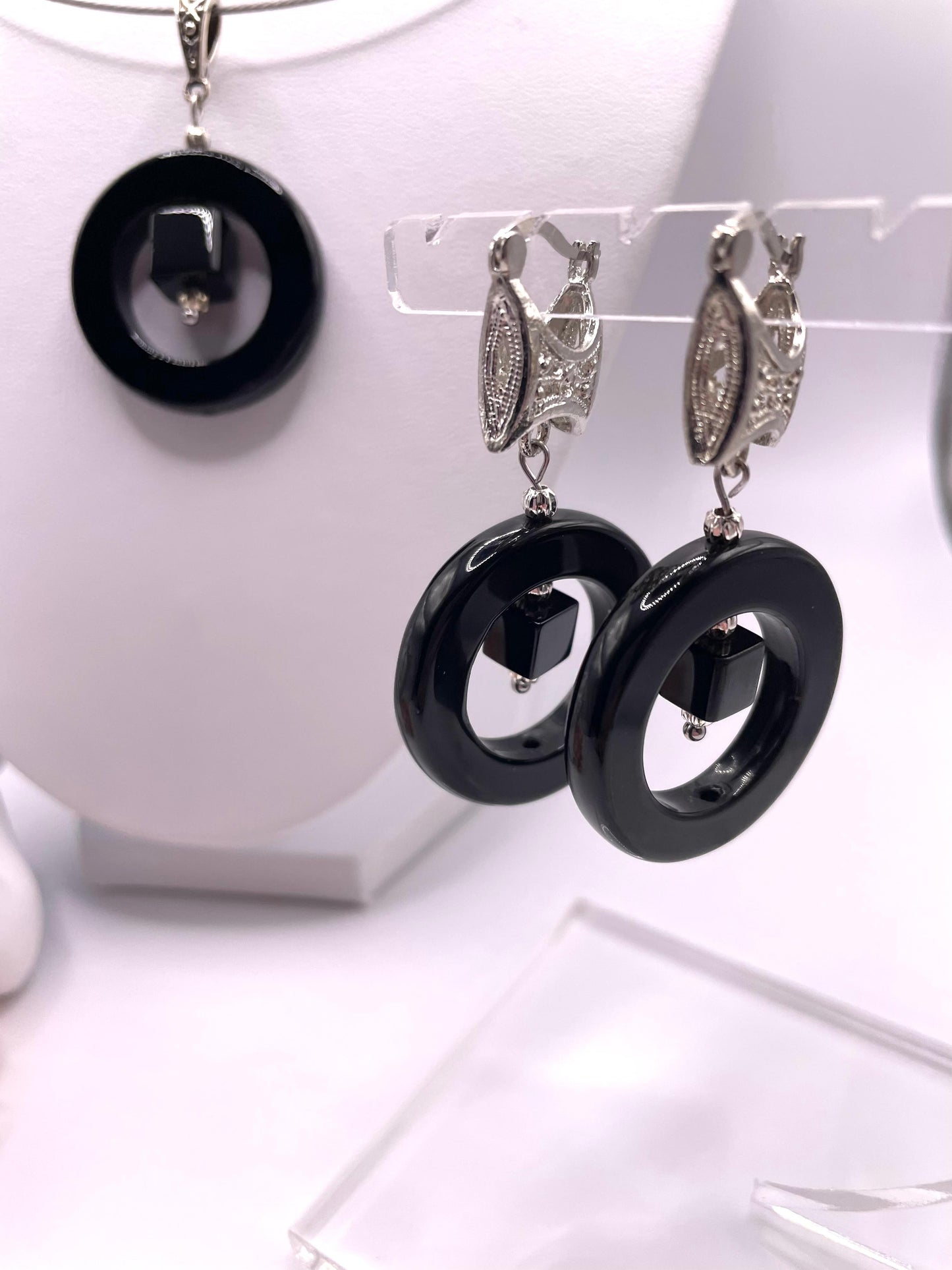 Onyx Schmuck-Set, Kette, Ohrringe