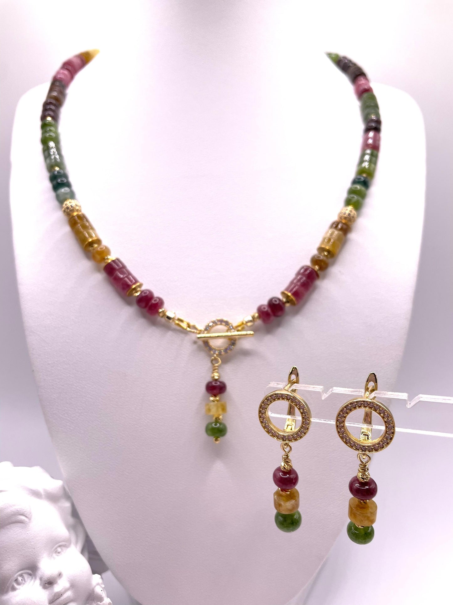 Turmalin, Schmuck-Set, Kette, Ohrringe