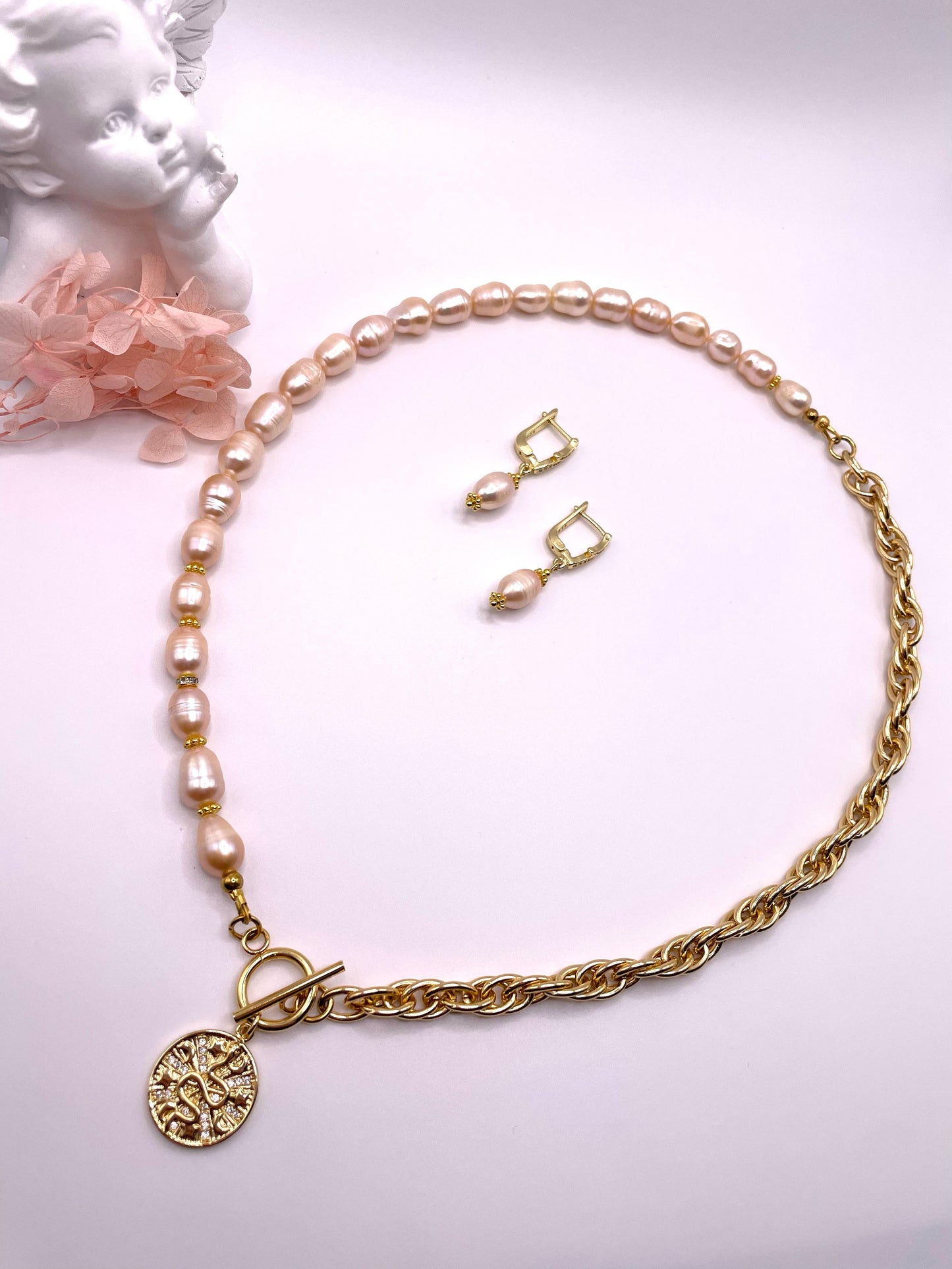 Süßwasserperlen, Schmuck-Set, Kette und Ohrringe