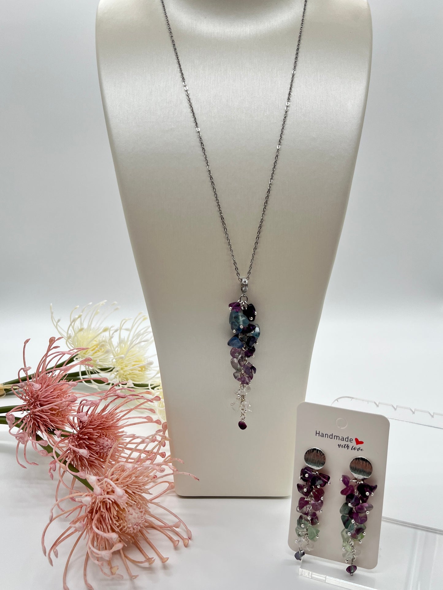 Sommer Schmuckset mit Fluorit, Kette mit Anhänger und Ohrringe