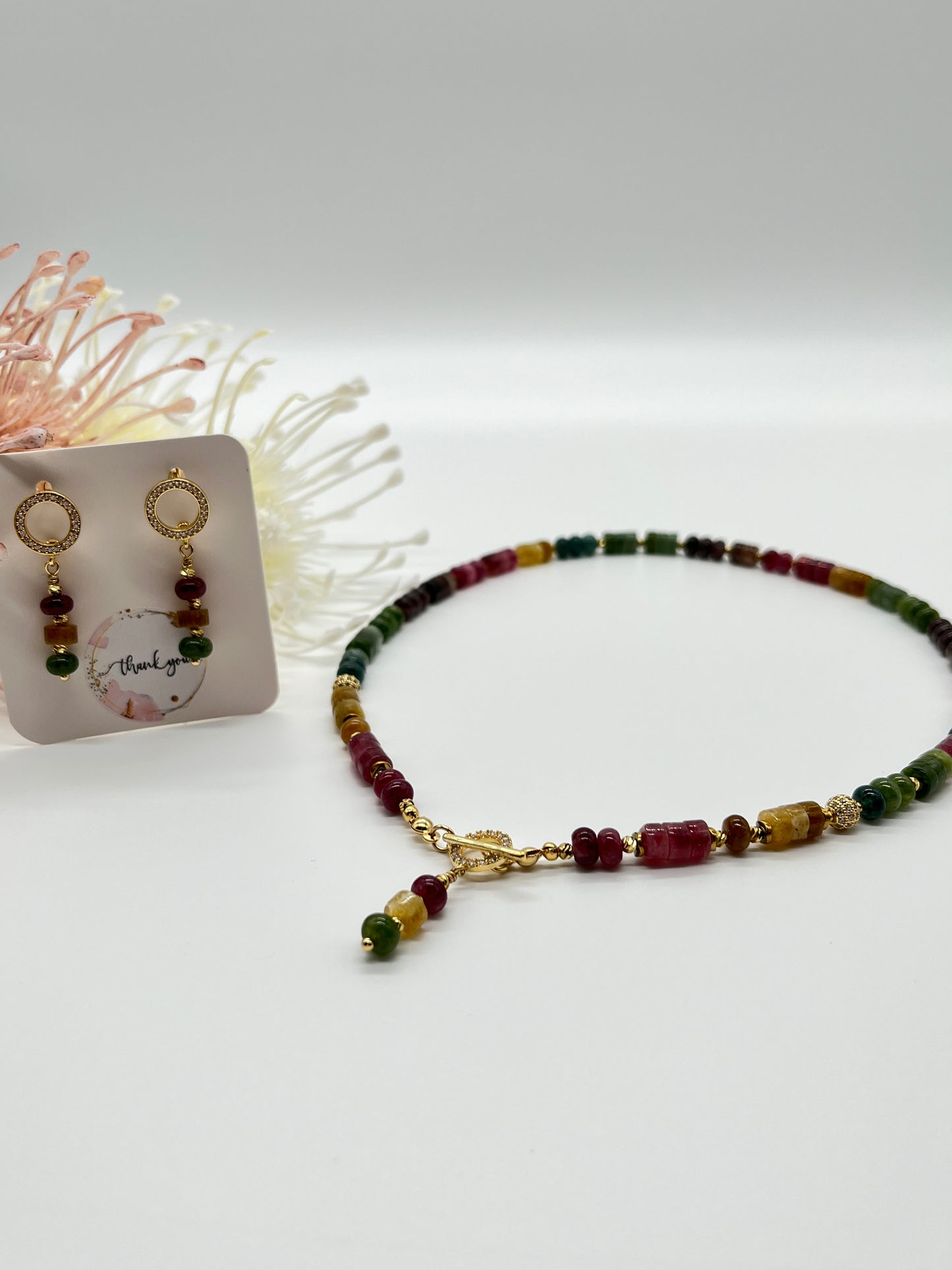 Turmalin, Schmuck-Set, Kette, Ohrringe