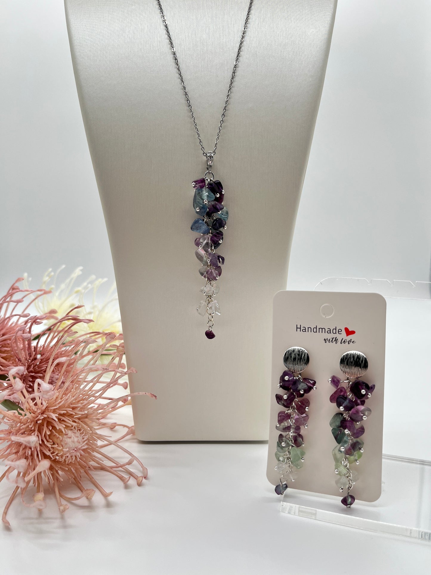 Sommer Schmuckset mit Fluorit, Kette mit Anhänger und Ohrringe