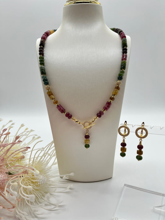Turmalin, Schmuck-Set, Kette, Ohrringe