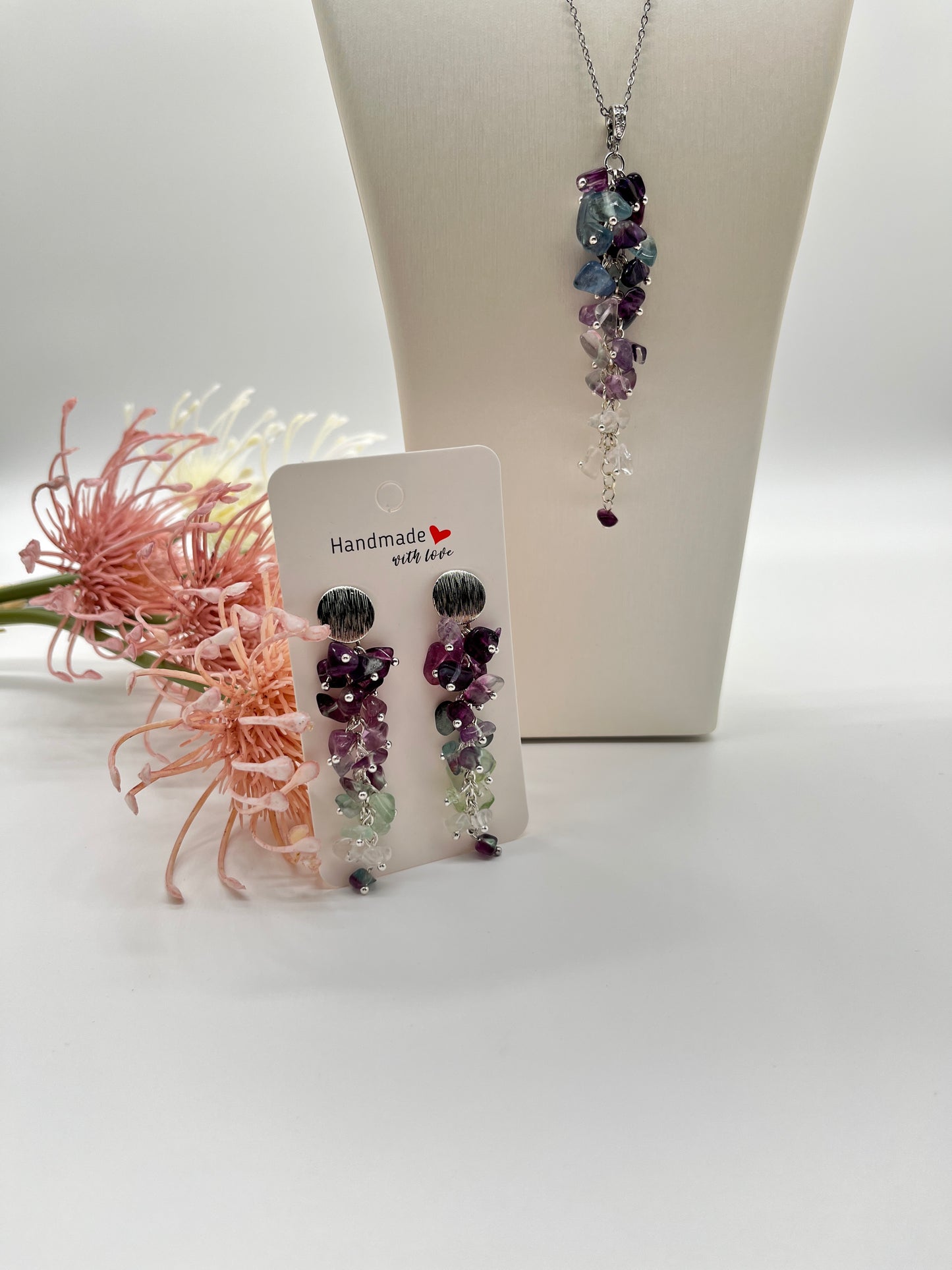 Sommer Schmuckset mit Fluorit, Kette mit Anhänger und Ohrringe