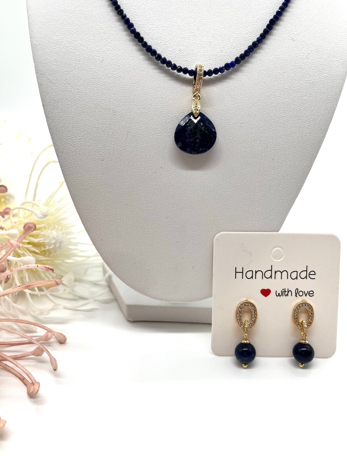Lapislazuli, Kette und Ohrringe, Edelstein Schmuck - Set