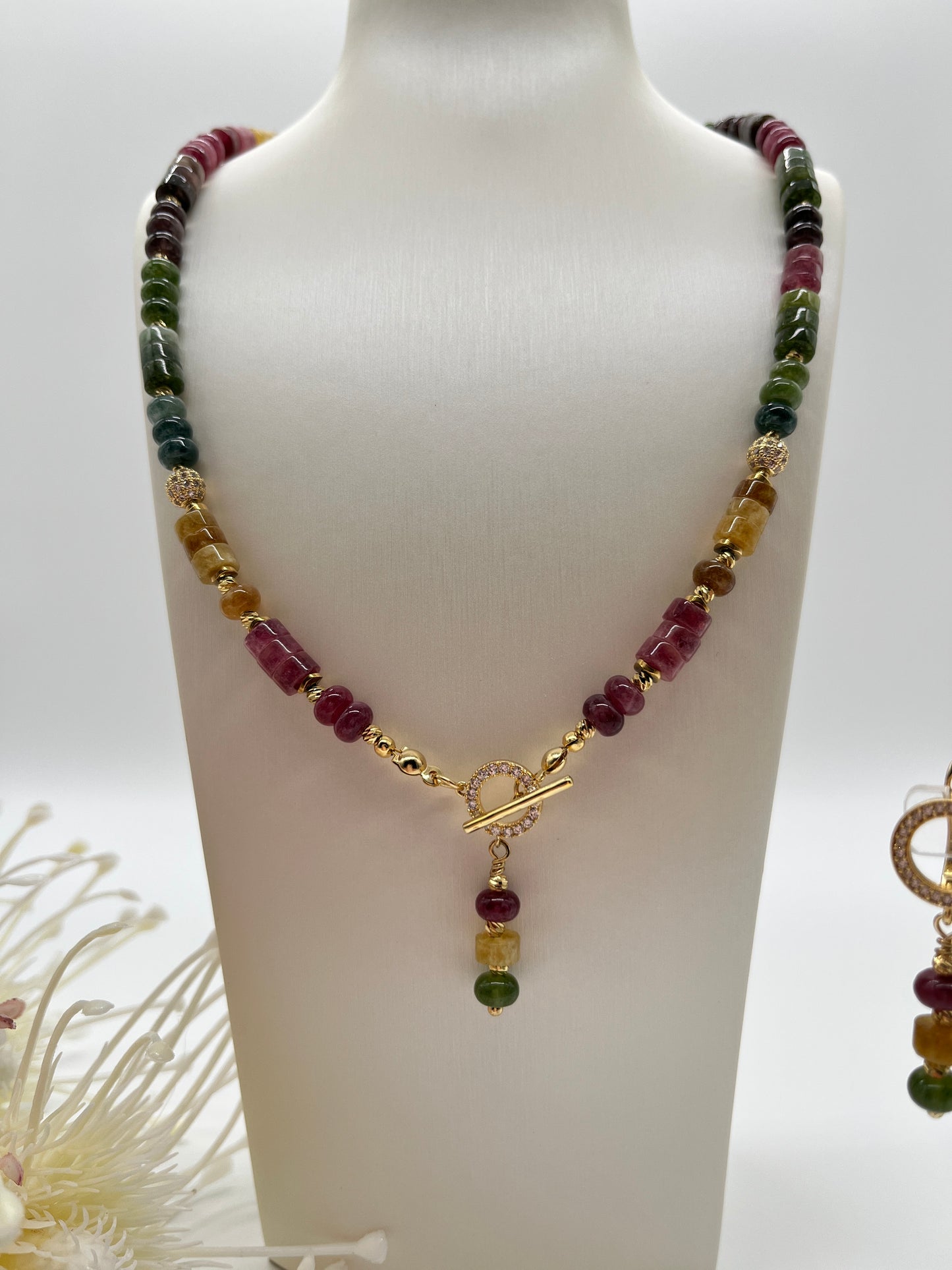 Turmalin, Schmuck-Set, Kette, Ohrringe