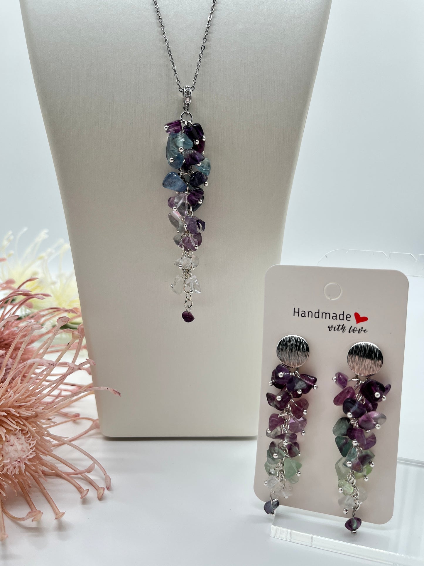 Sommer Schmuckset mit Fluorit, Kette mit Anhänger und Ohrringe
