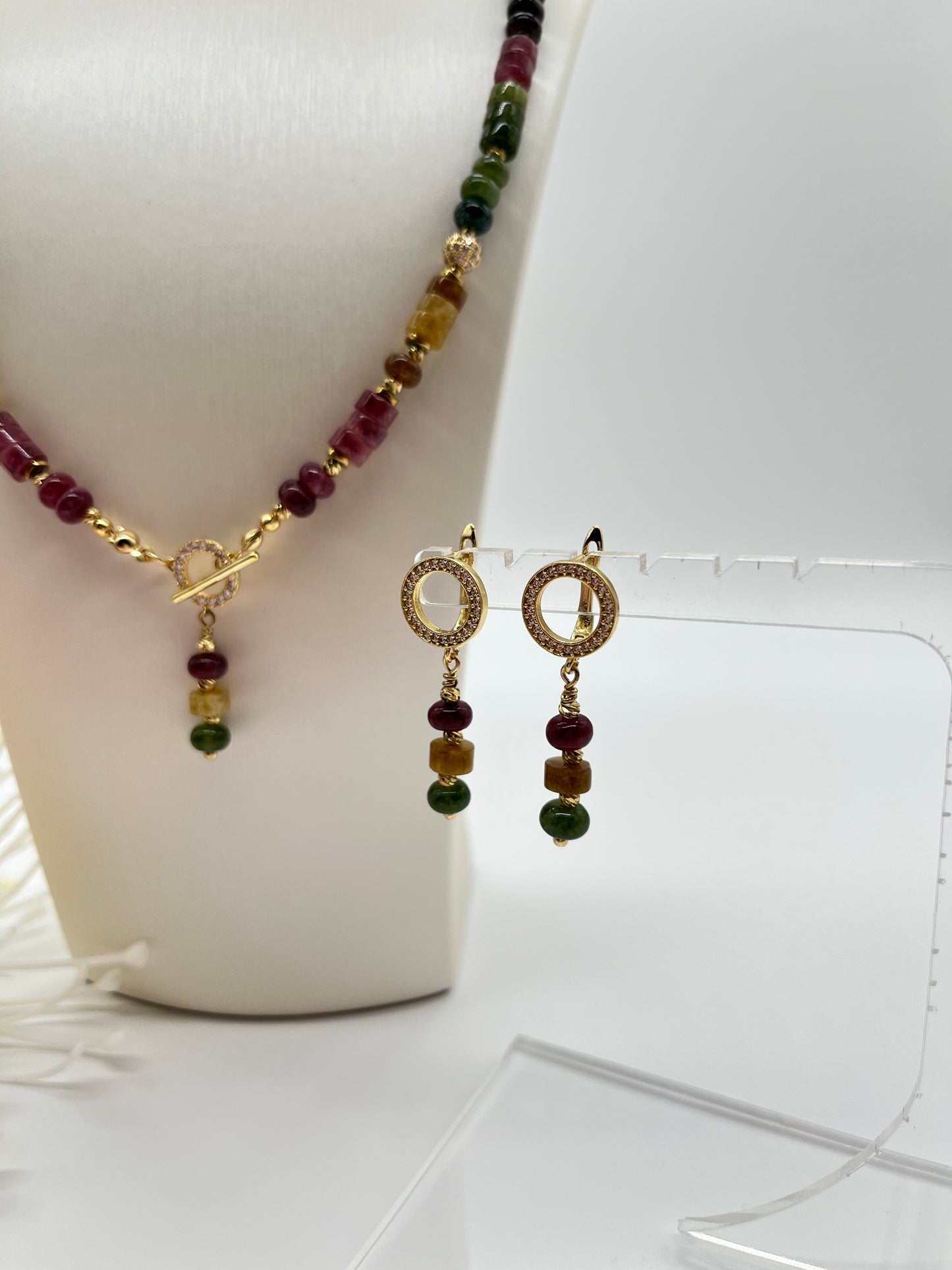 Turmalin, Schmuck-Set, Kette, Ohrringe