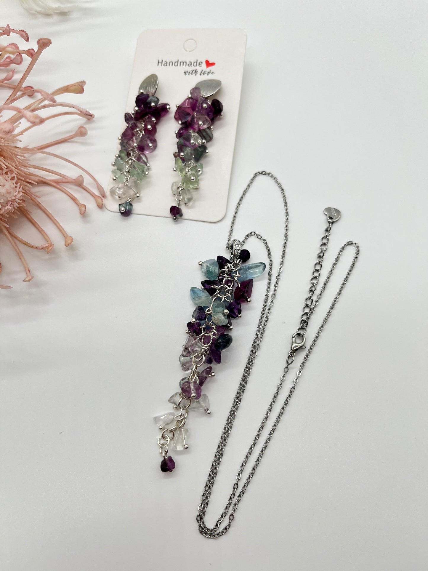 Sommer Schmuckset mit Fluorit, Kette mit Anhänger und Ohrringe