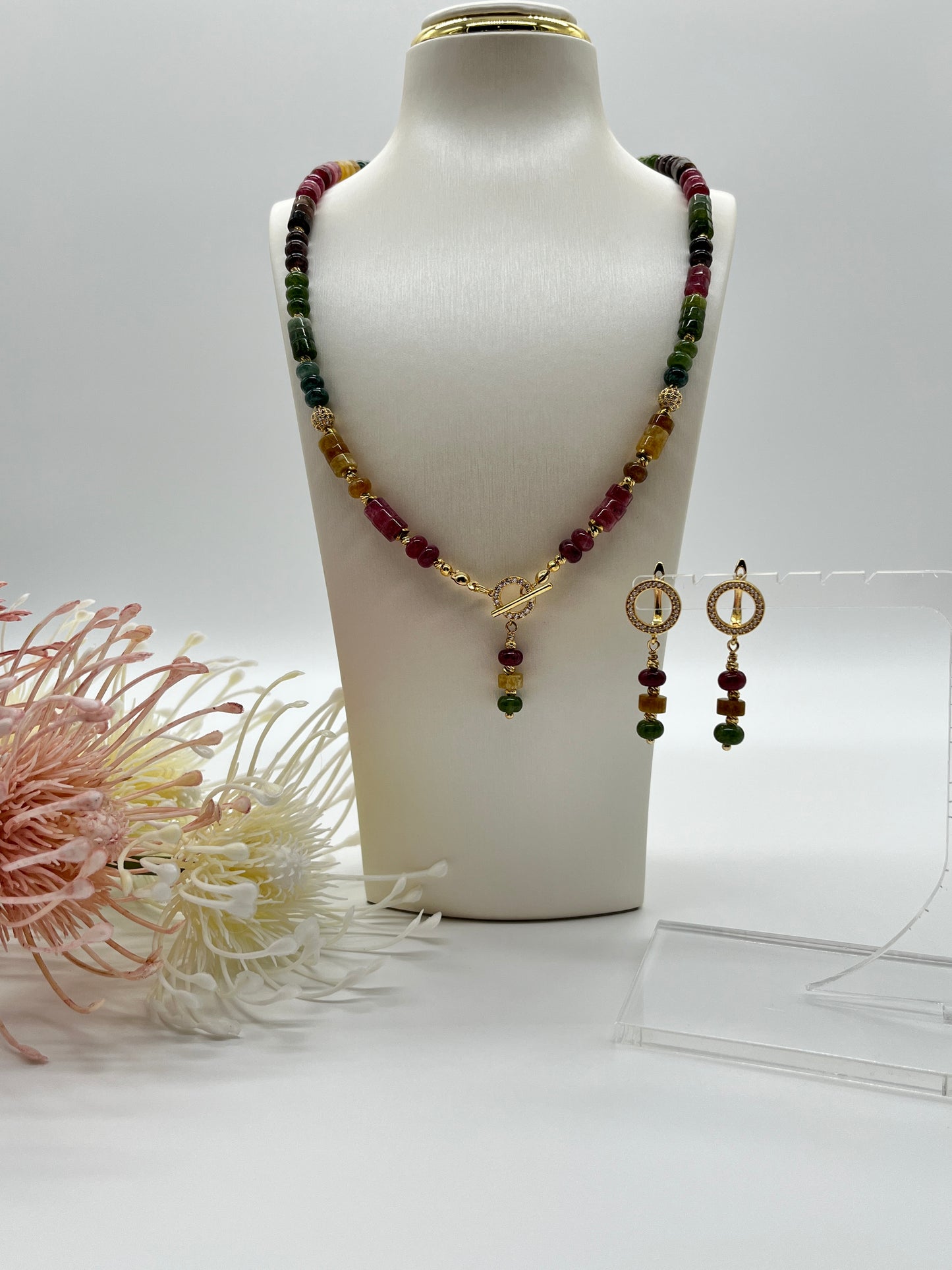 Turmalin, Schmuck-Set, Kette, Ohrringe