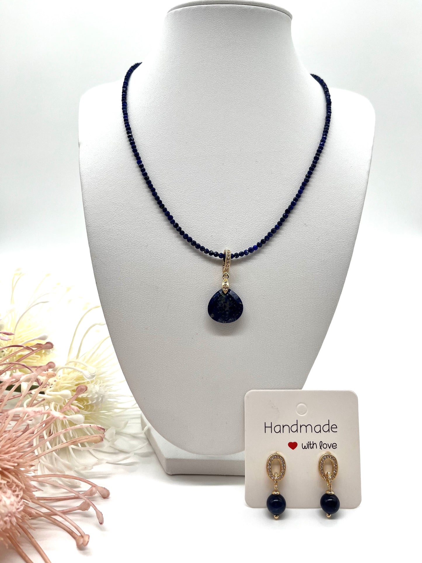 Lapislazuli, Kette und Ohrringe, Edelstein Schmuck - Set