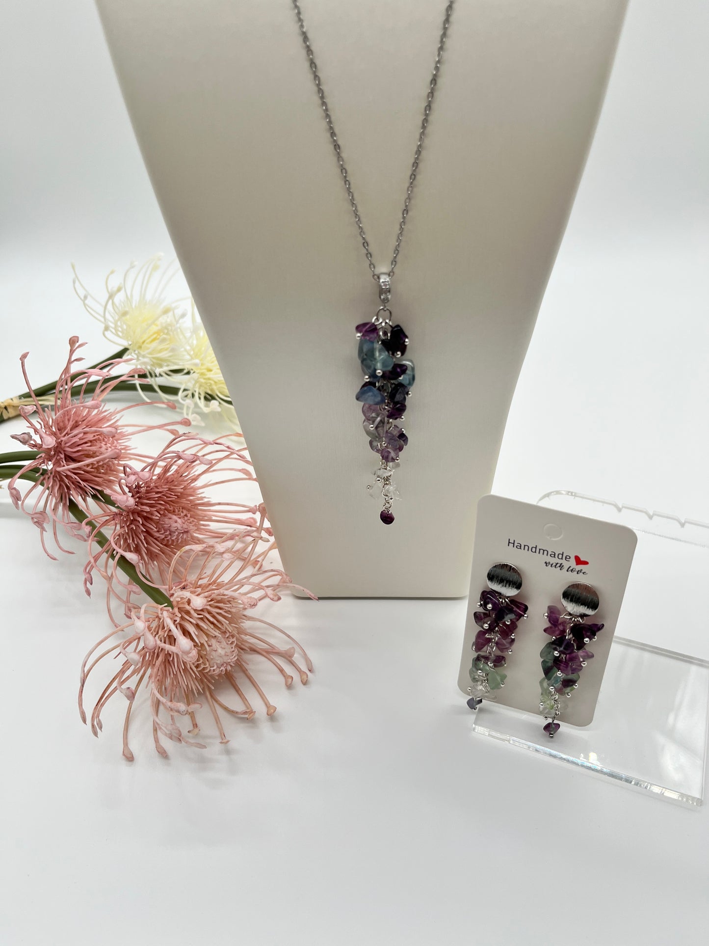 Sommer Schmuckset mit Fluorit, Kette mit Anhänger und Ohrringe