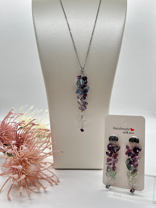 Sommer Schmuckset mit Fluorit, Kette mit Anhänger und Ohrringe