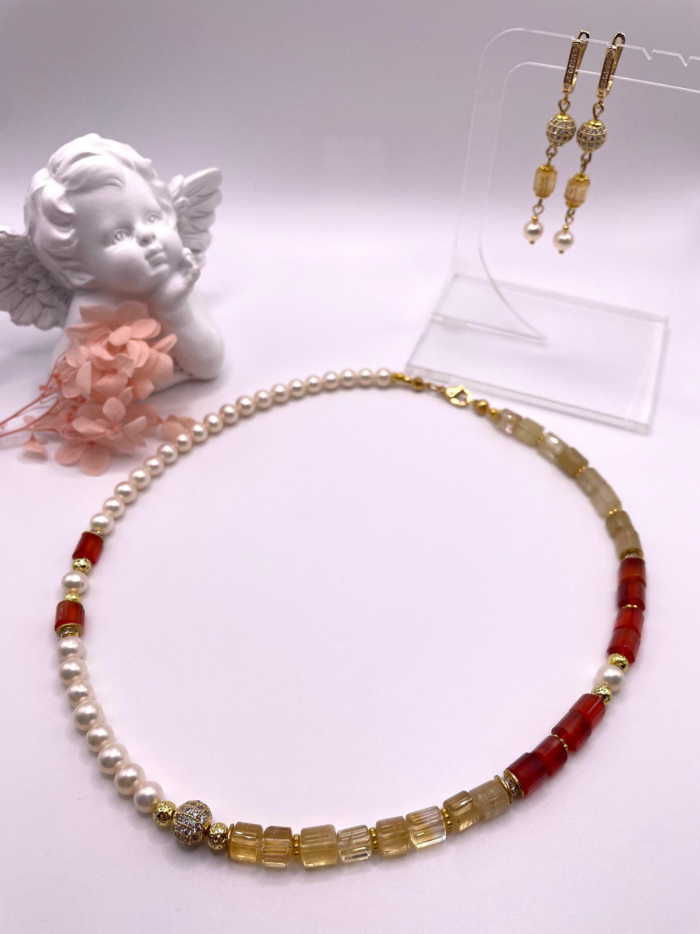 Schmuck-Set aus echten Perlen, Karneol, Citrin, Rutilquarz
