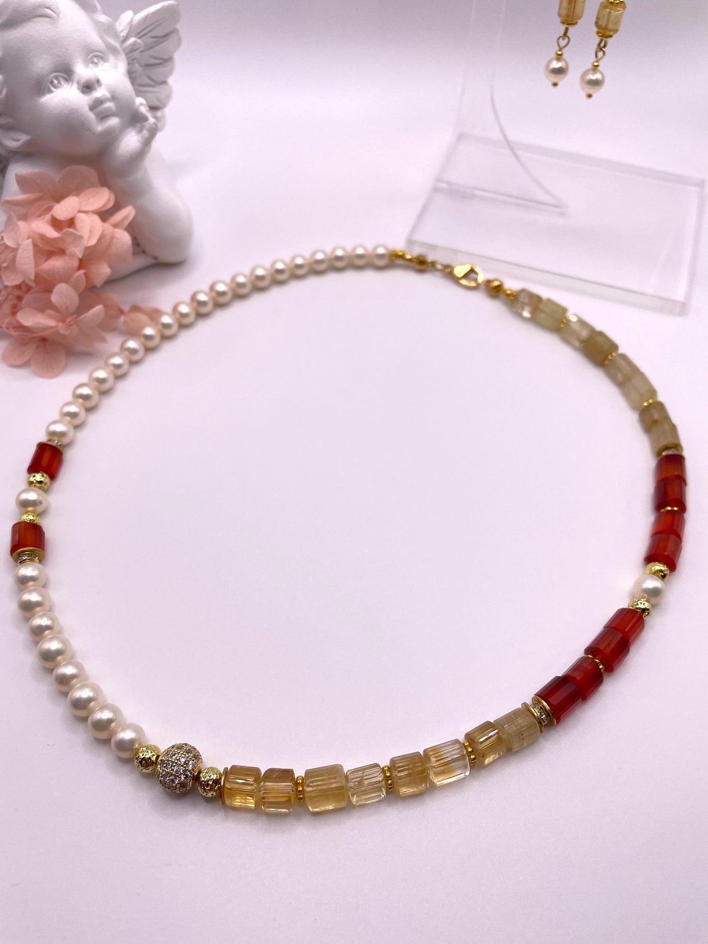 Schmuck-Set aus echten Perlen, Karneol, Citrin, Rutilquarz