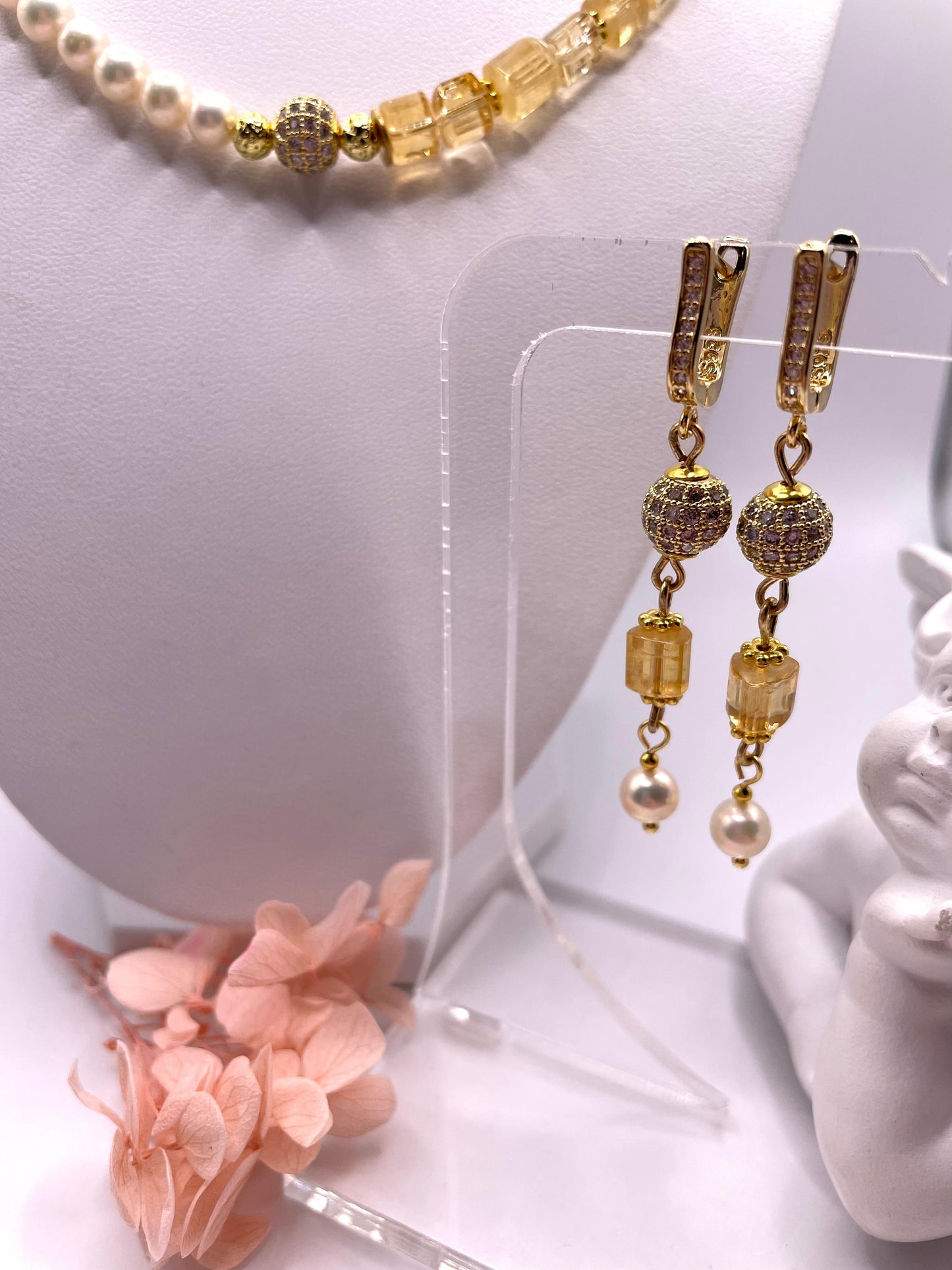 Schmuck-Set aus echten Perlen, Karneol, Citrin, Rutilquarz