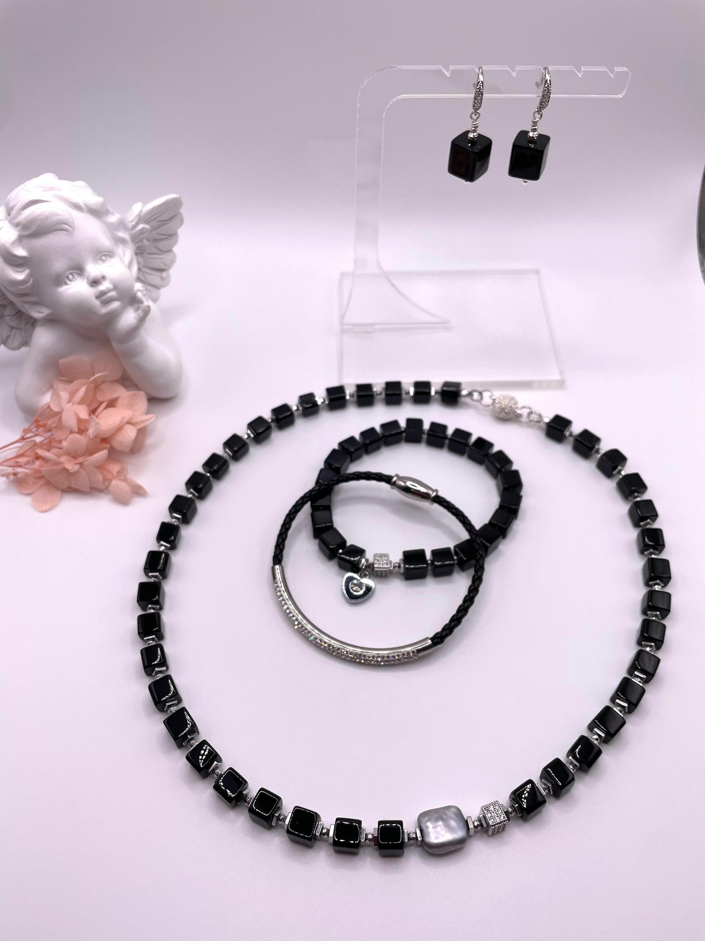 Onyx, Hämatit, Schmuck-Set, Kette, Armbänder, Ohrringe