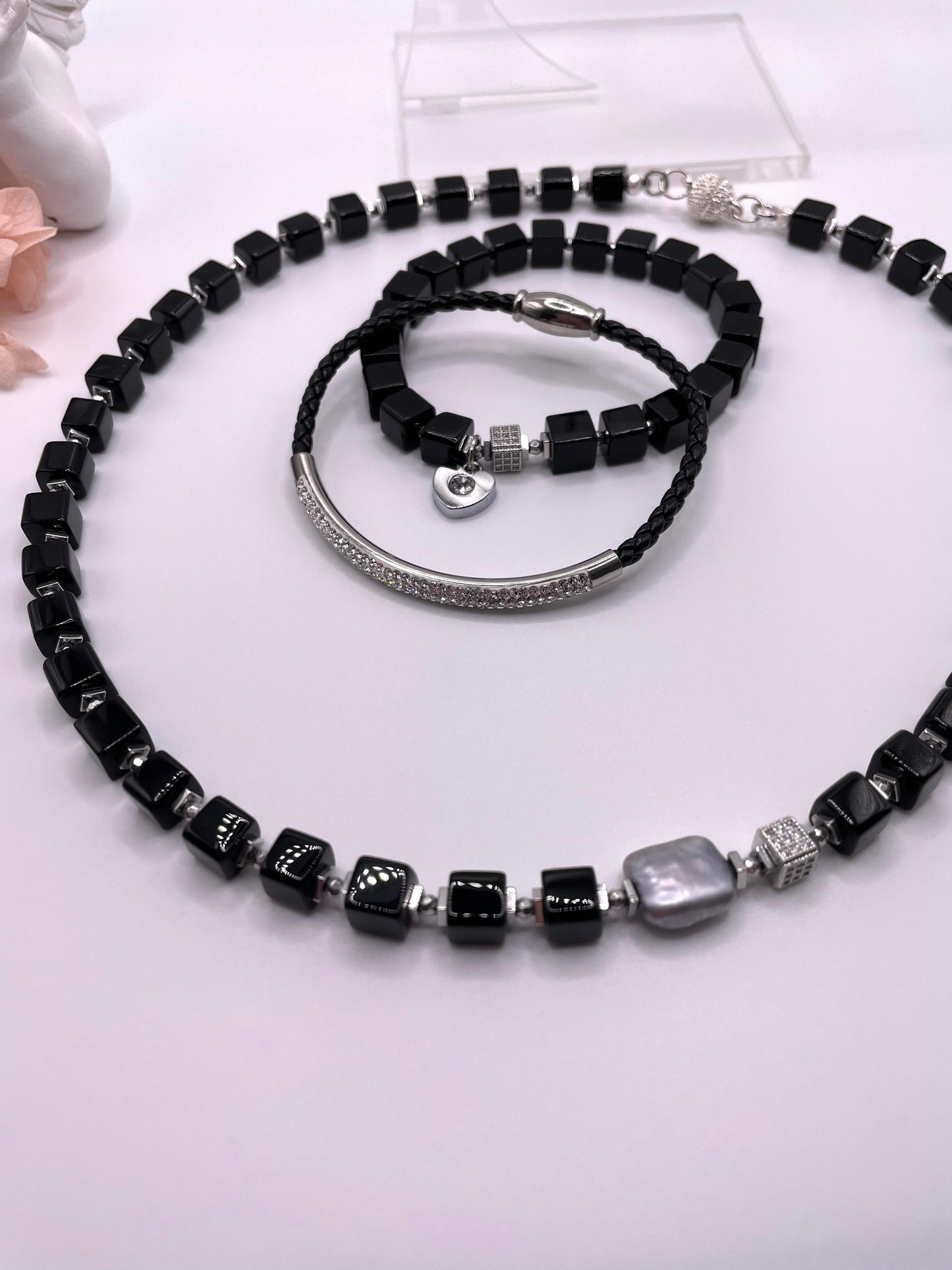 Onyx, Hämatit, Schmuck-Set, Kette, Armbänder, Ohrringe