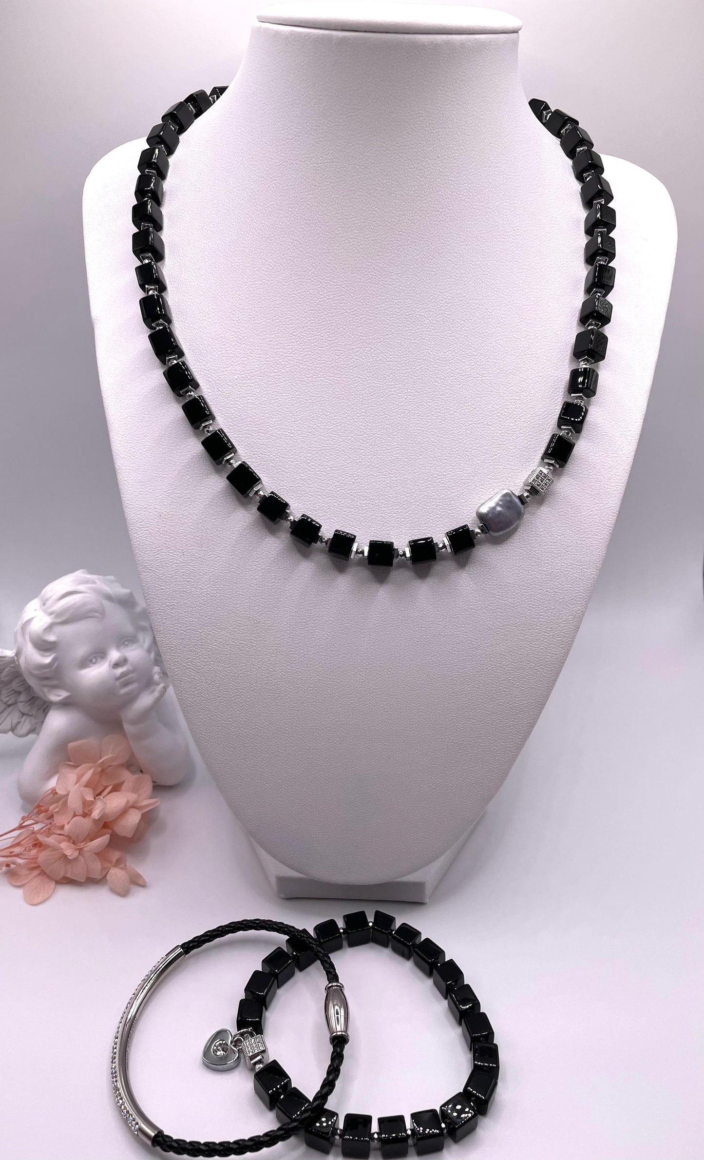 Onyx, Hämatit, Schmuck-Set, Kette, Armbänder, Ohrringe