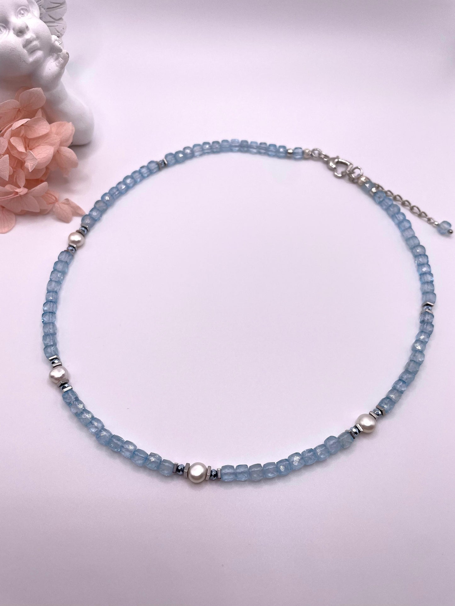 Blauer Topas, Süßwasserperlen, Hämatit, Kette handgefertigt