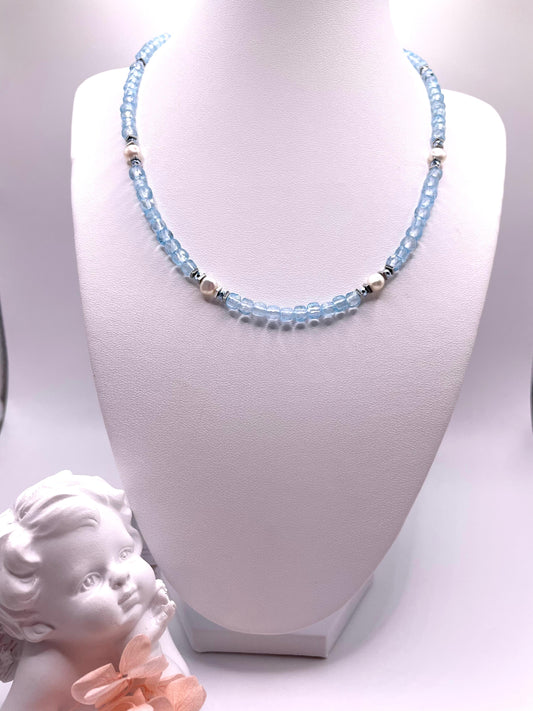 Blauer Topas, Süßwasserperlen, Hämatit, Kette handgefertigt