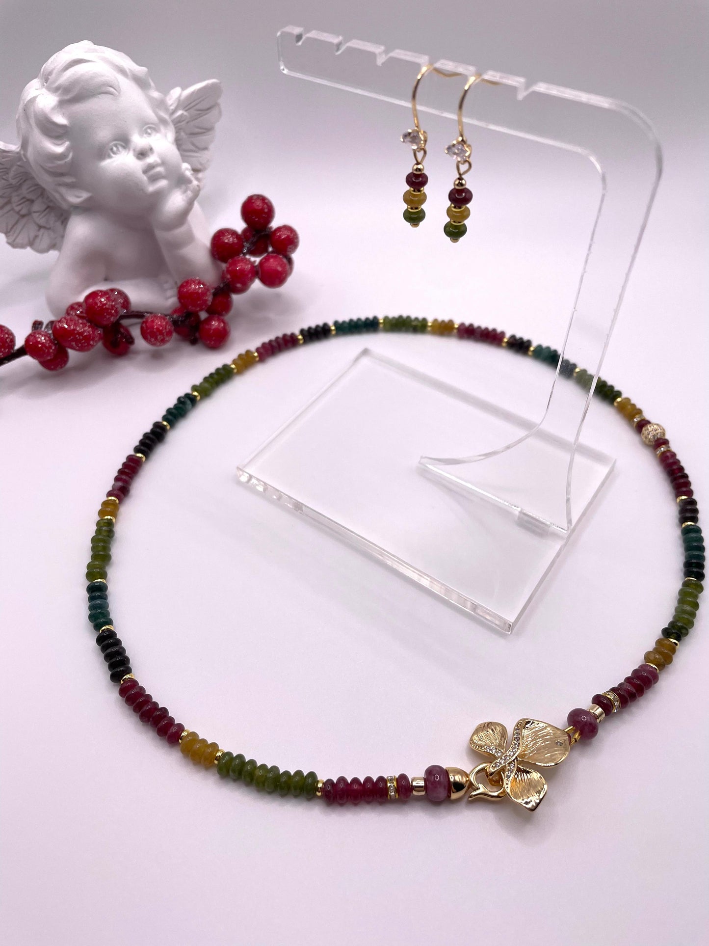 Turmalin, Edelstein Schmuck-Set, wunderschöne Kette und Ohrringe