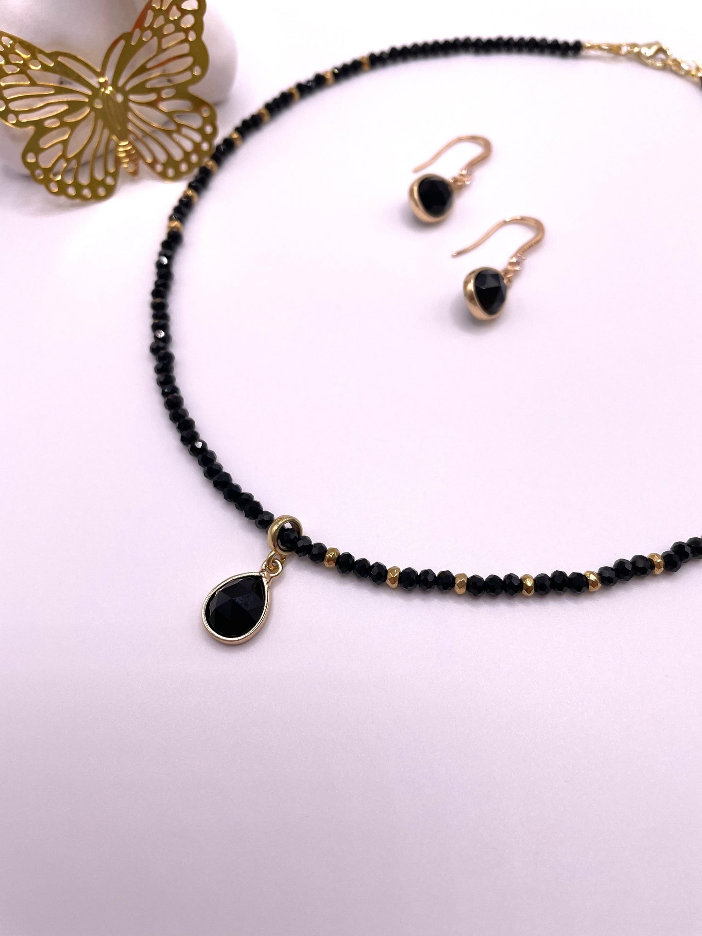 Schwarzer Turmalin Schörl, Edelstein Schmuck-Set, Kette mit Anhänger, Ohrringe