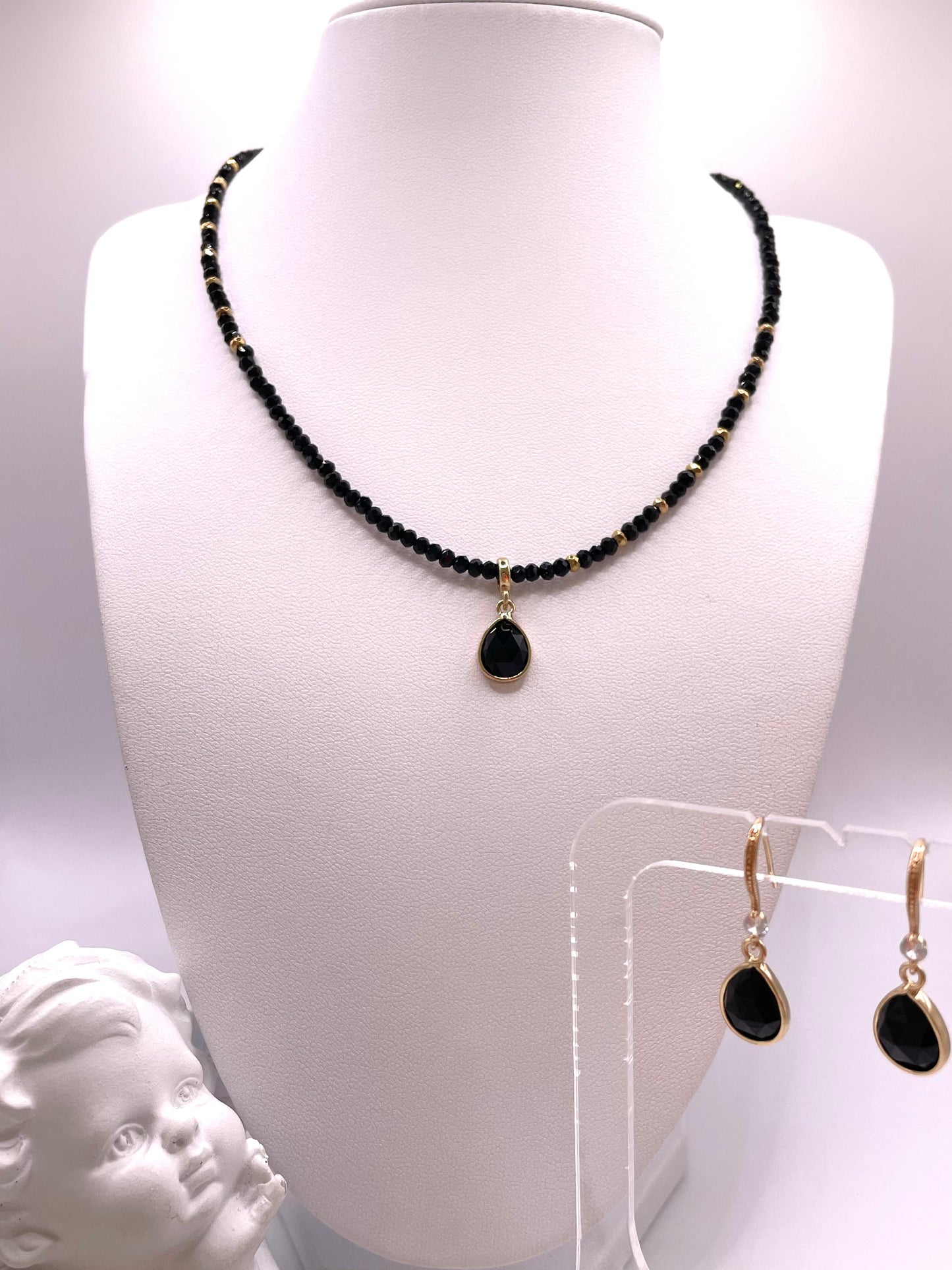 Schwarzer Turmalin Schörl, Edelstein Schmuck-Set, Kette mit Anhänger, Ohrringe