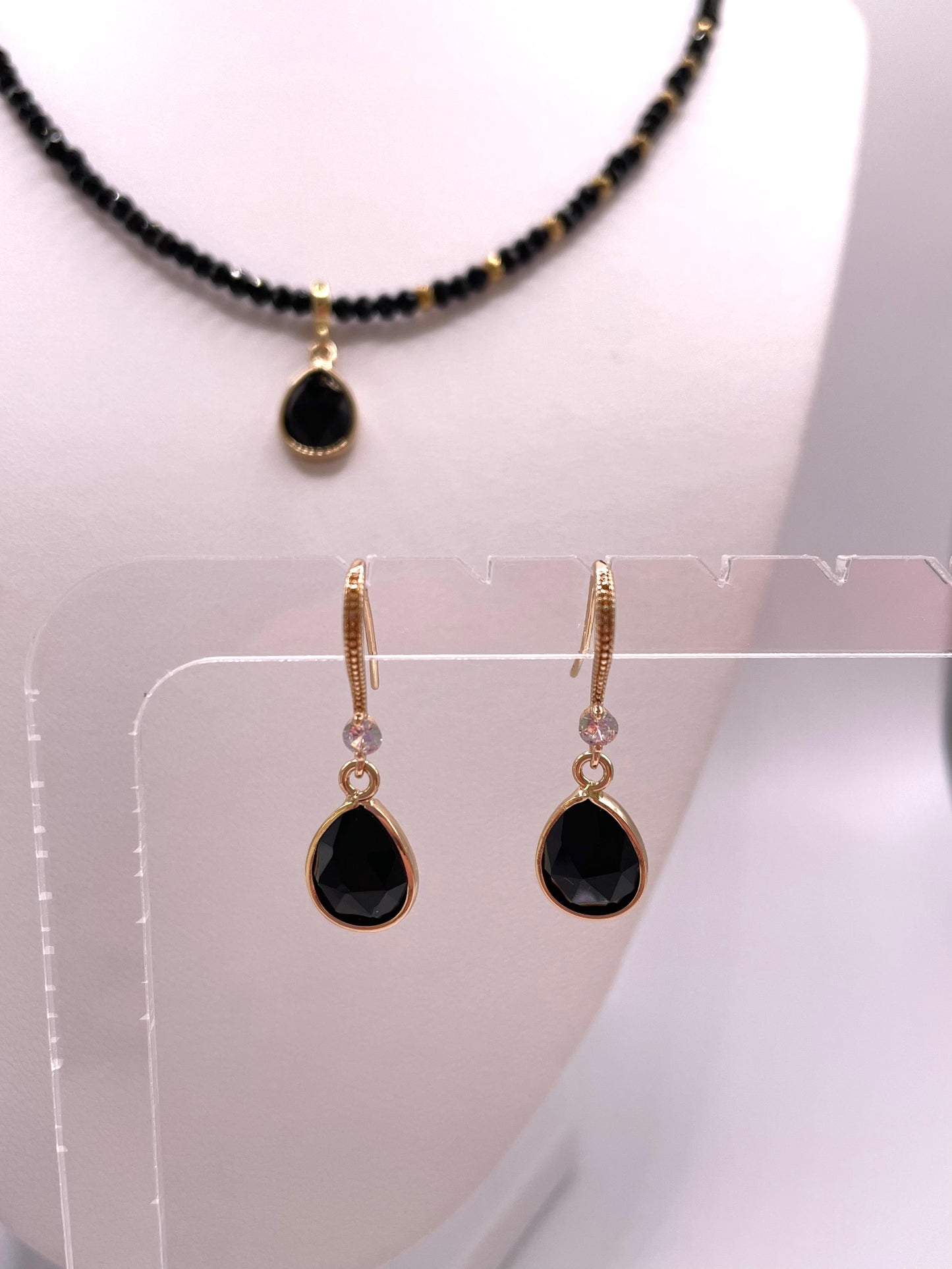 Schwarzer Turmalin Schörl, Edelstein Schmuck-Set, Kette mit Anhänger, Ohrringe