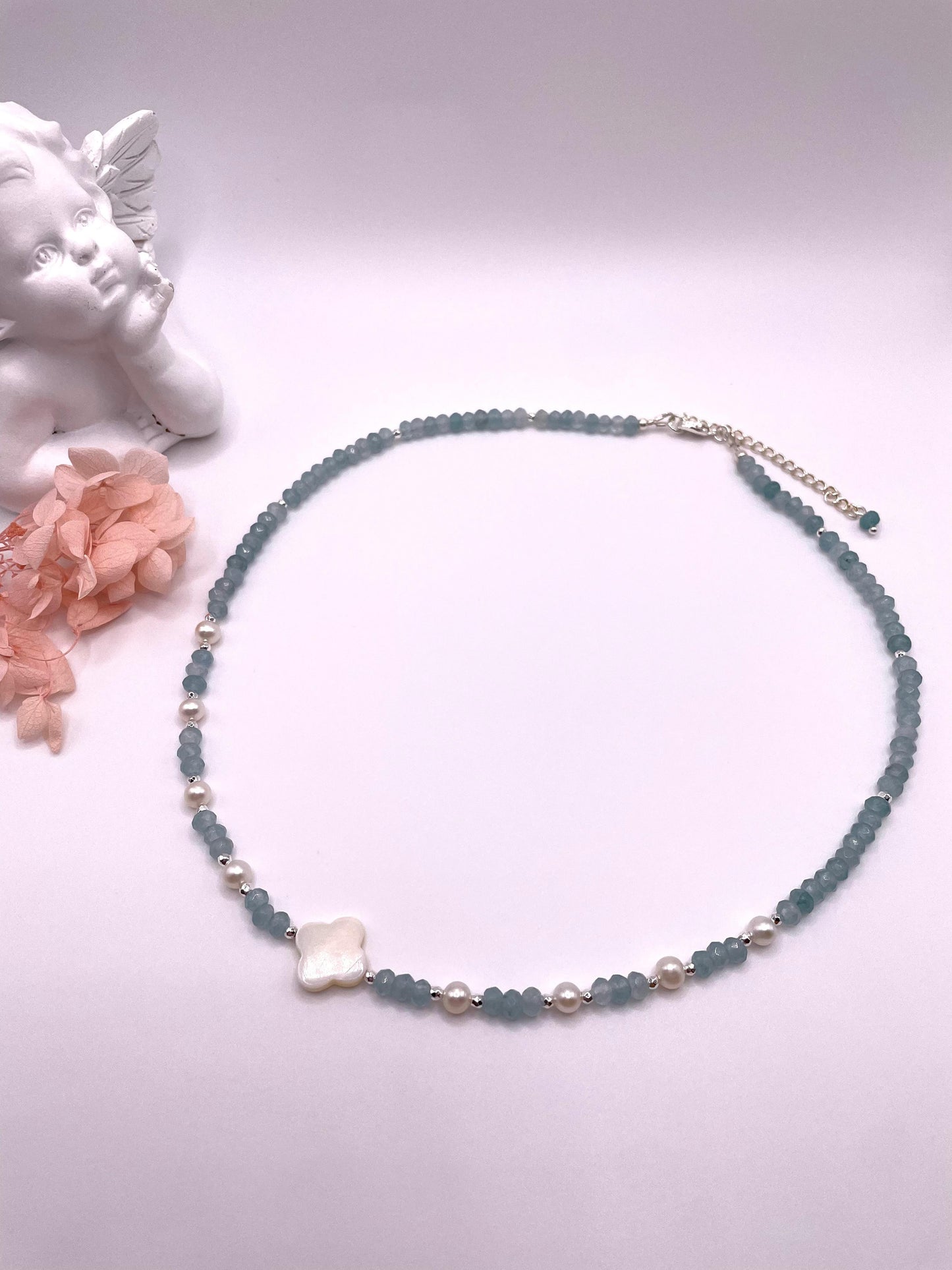 Blauer Achat, Süßwasserperlen, Perlmutt Perle, Edelsteinkette