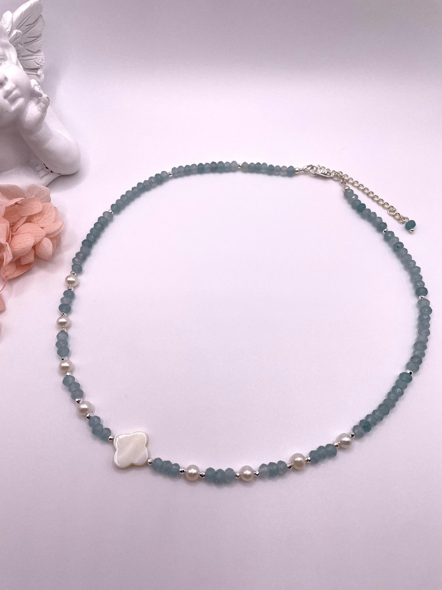 Blauer Achat, Süßwasserperlen, Perlmutt Perle, Edelsteinkette