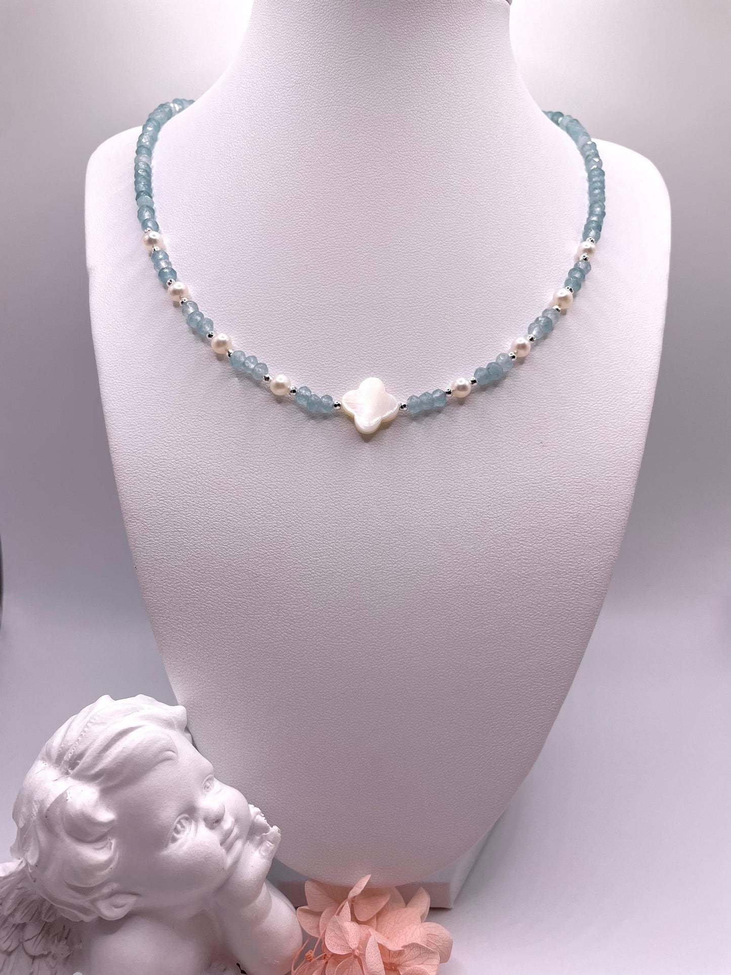 Blauer Achat, Süßwasserperlen, Perlmutt Perle, Edelsteinkette