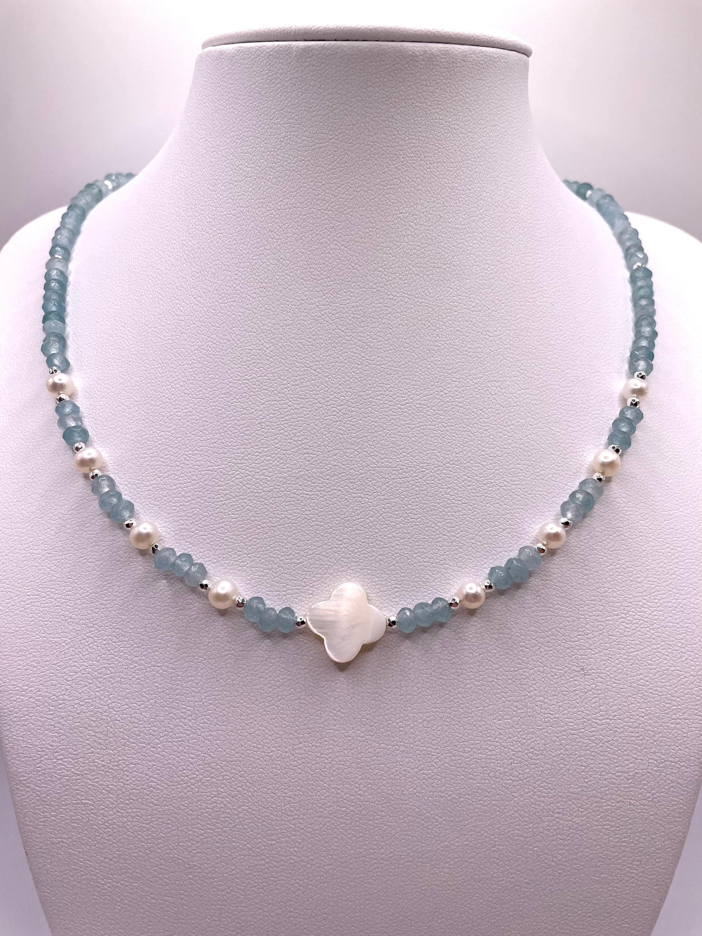 Blauer Achat, Süßwasserperlen, Perlmutt Perle, Edelsteinkette