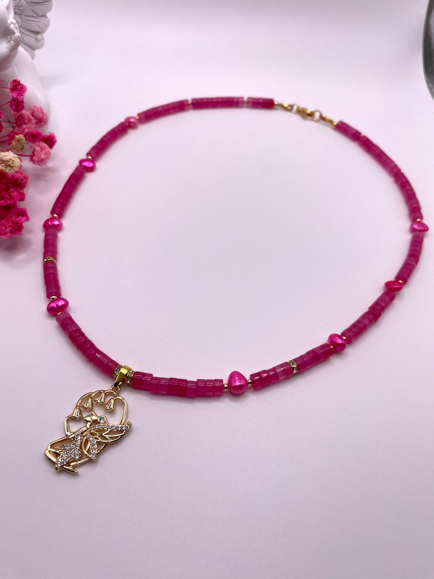Pink Jade und Süßwasserperlen, Edelstein Kette, Choker