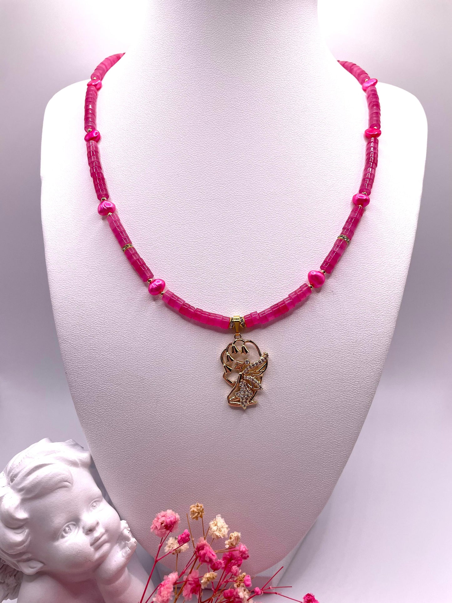 Pink Jade und Süßwasserperlen, Edelstein Kette, Choker