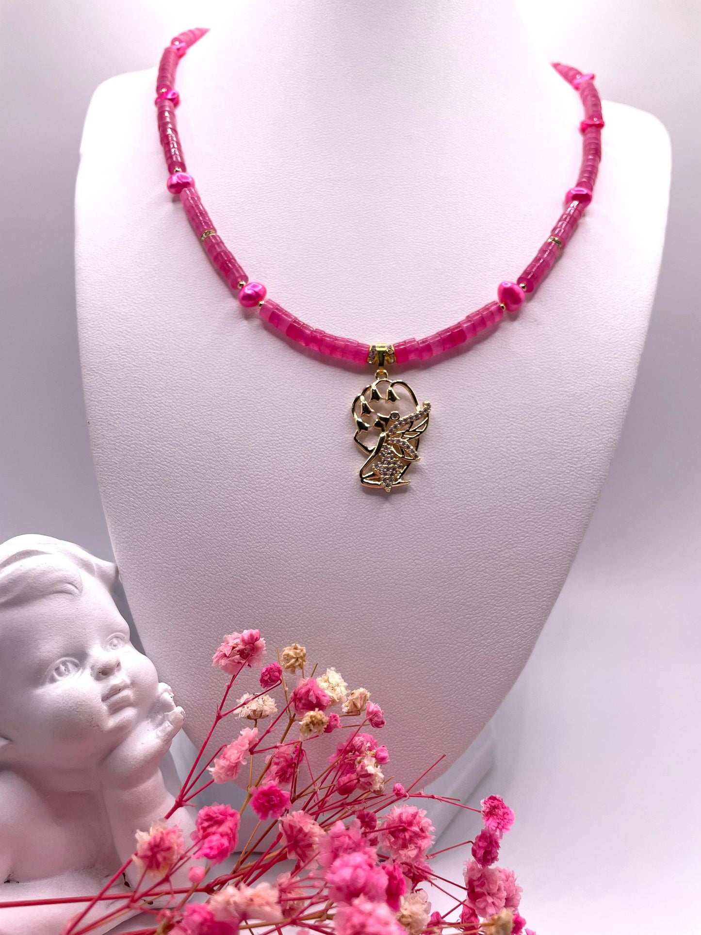 Pink Jade und Süßwasserperlen, Edelstein Kette, Choker