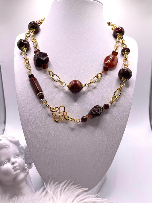 Roter Jaspis und Achat, elegante Edelstein Kette