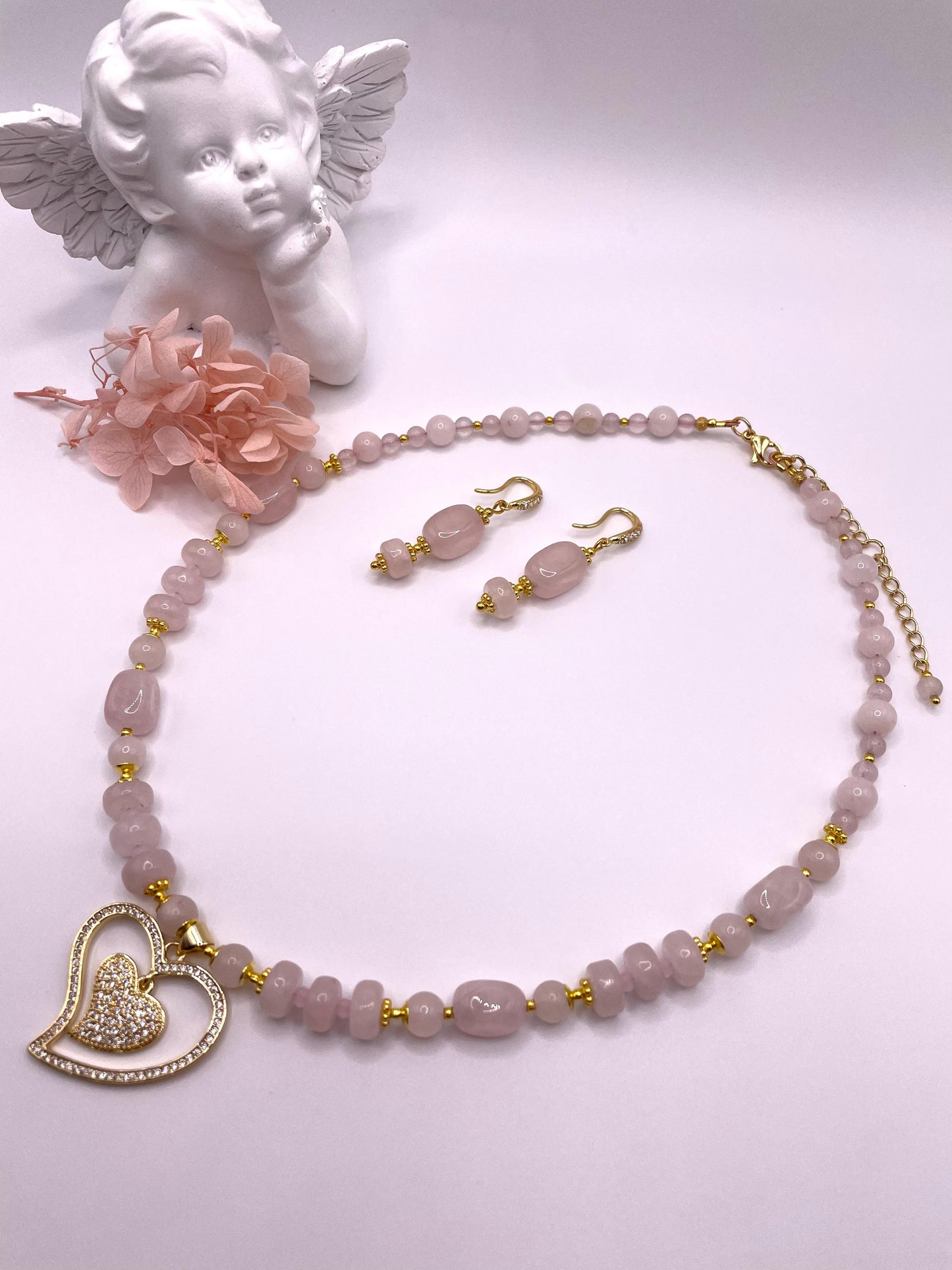 Rosenquarz, Edelstein Schmuck-Set, Kette und Ohrringe