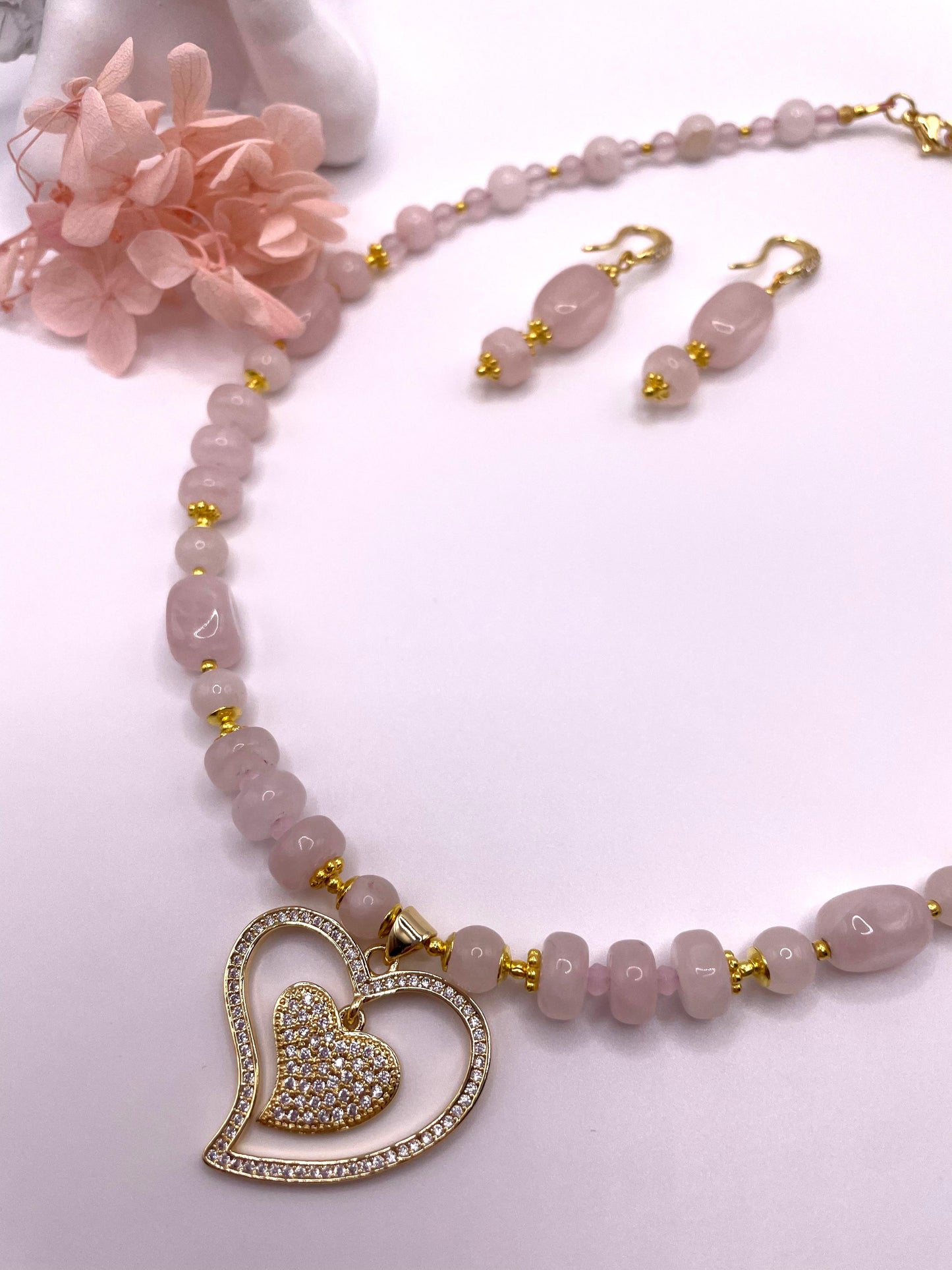 Rosenquarz, Edelstein Schmuck-Set, Kette und Ohrringe