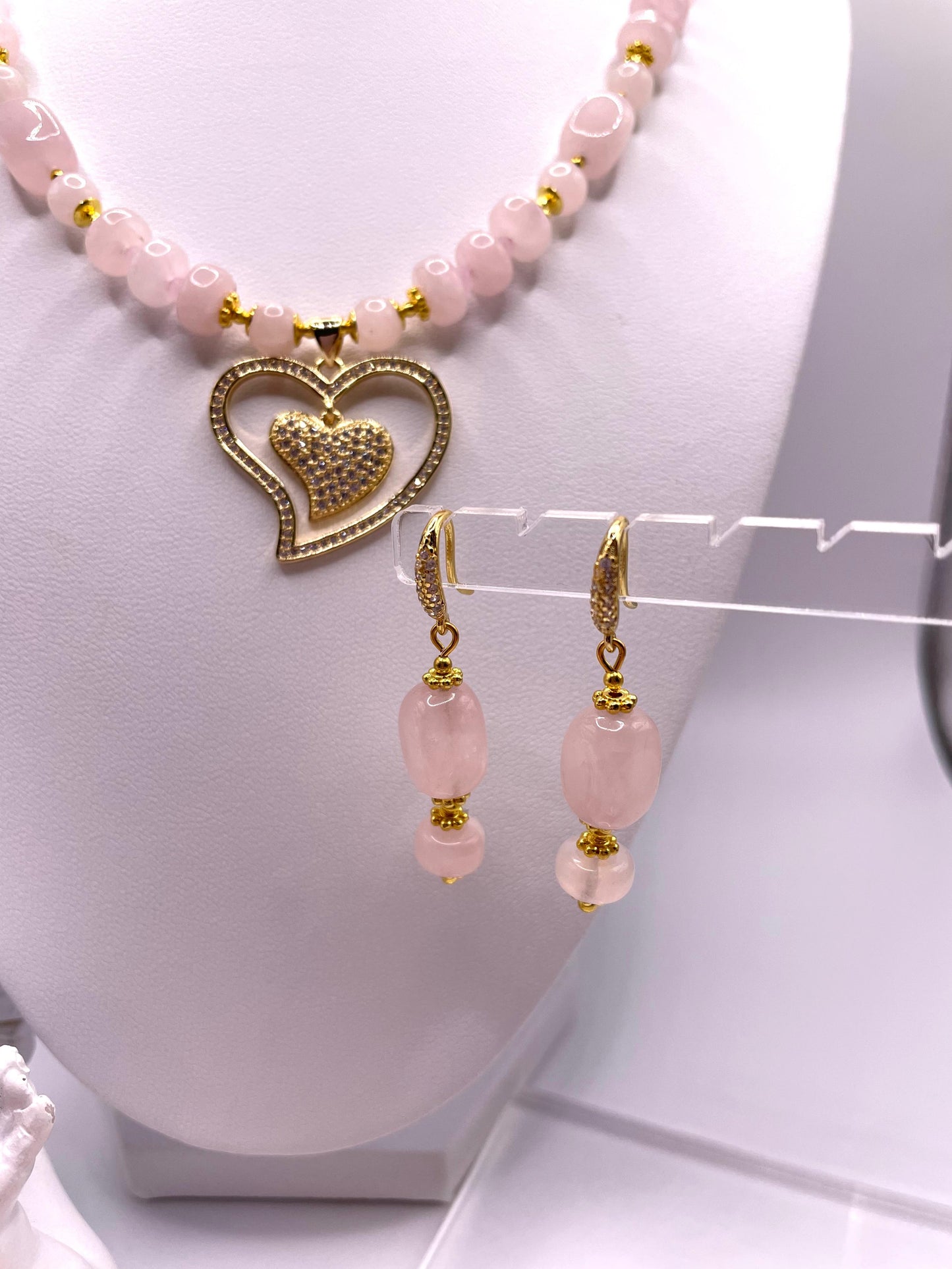 Rosenquarz, Edelstein Schmuck-Set, Kette und Ohrringe