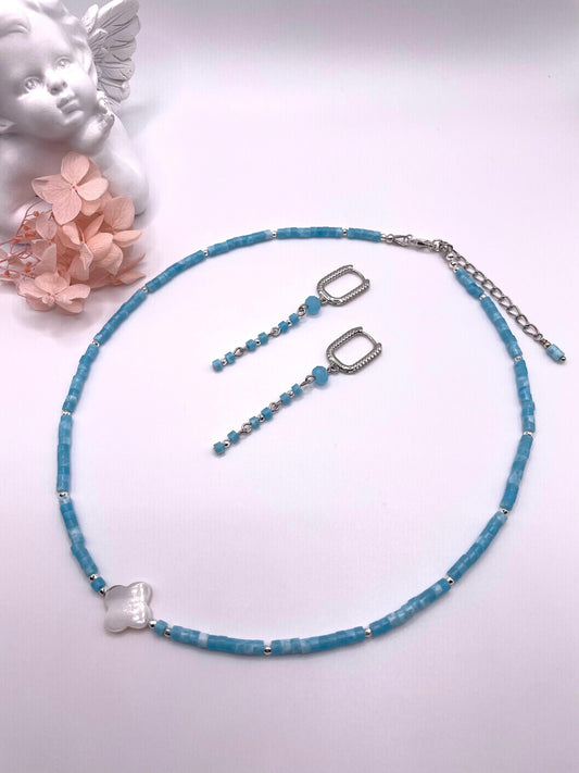 Aquamarin, Hämatit, Schmuck-Set Kette und Ohrringe