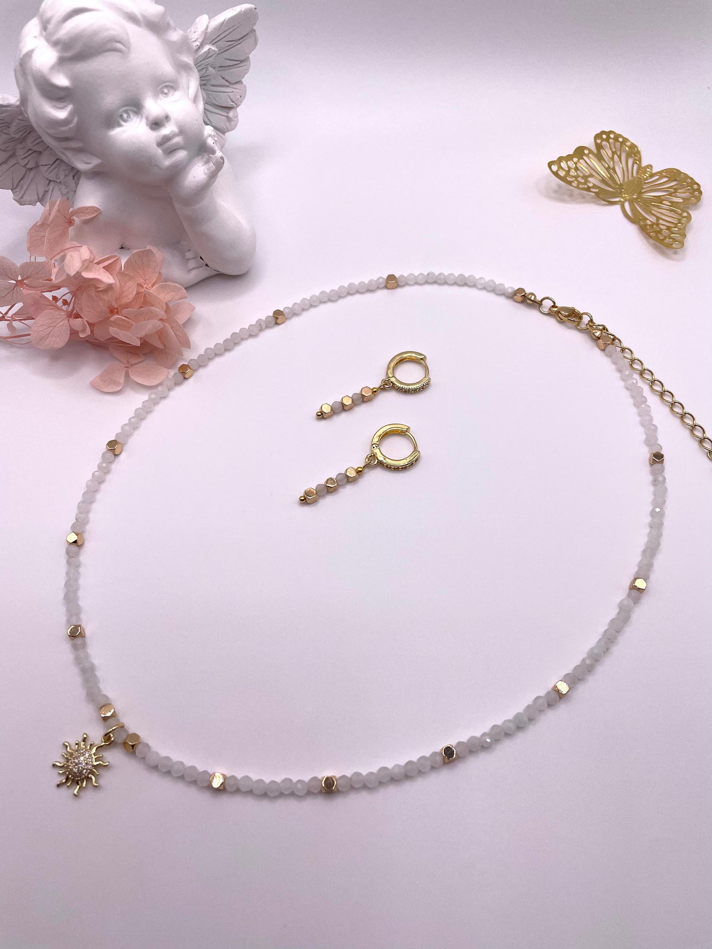 Mondstein, Hämatit, zartes Edelstein Schmuck-Set, Kette und Ohrringe