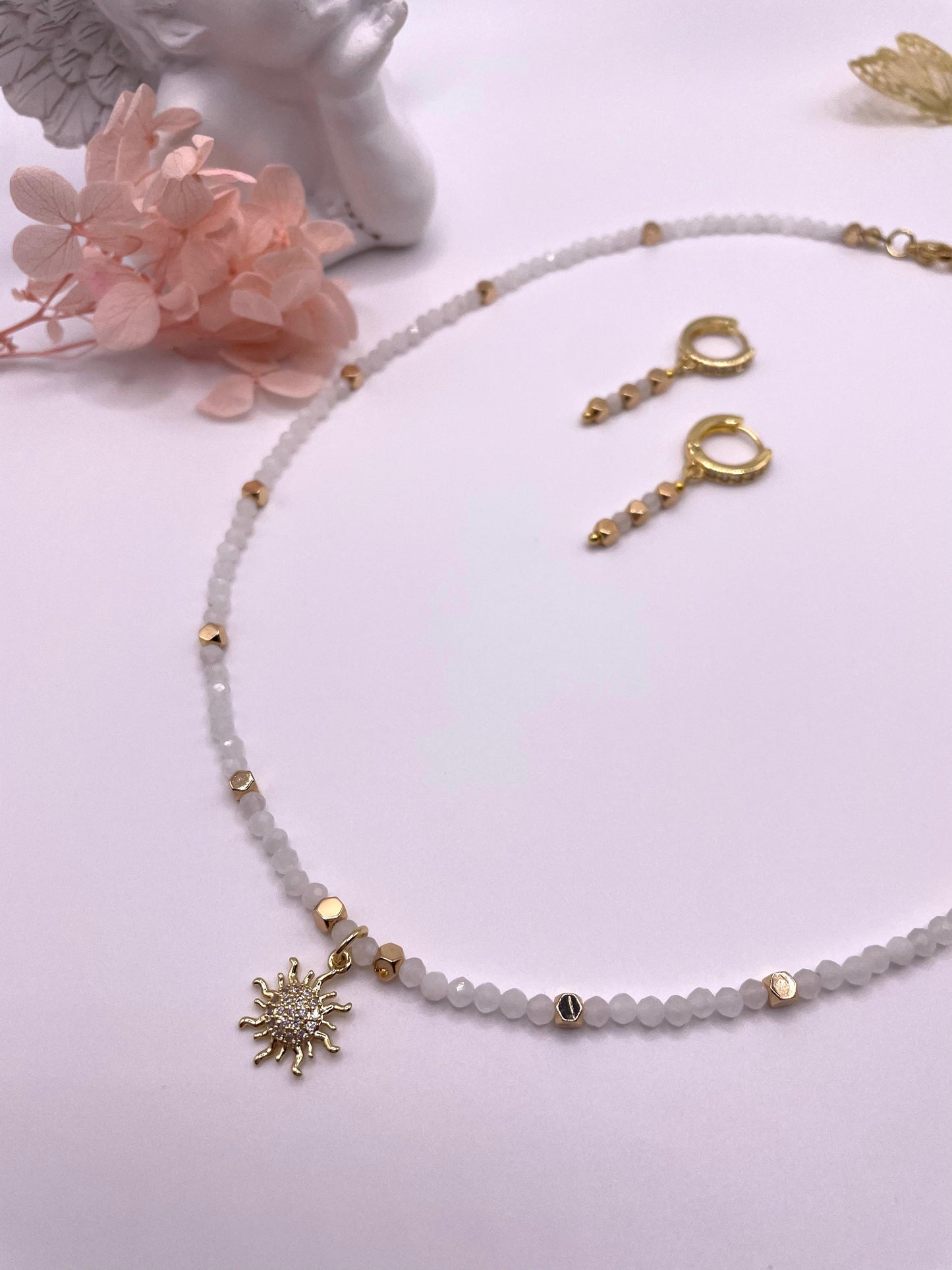 Mondstein, Hämatit, zartes Edelstein Schmuck-Set, Kette und Ohrringe