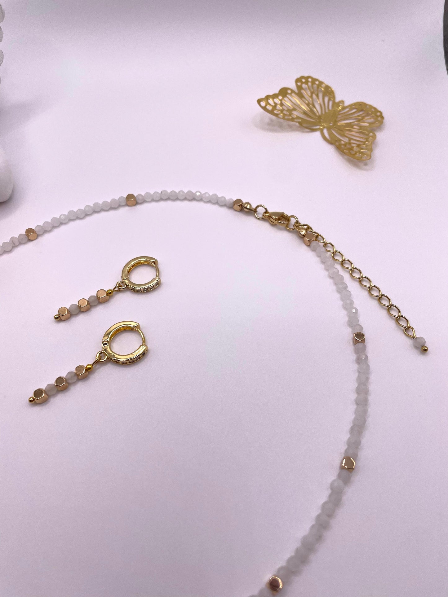 Mondstein, Hämatit, zartes Edelstein Schmuck-Set, Kette und Ohrringe