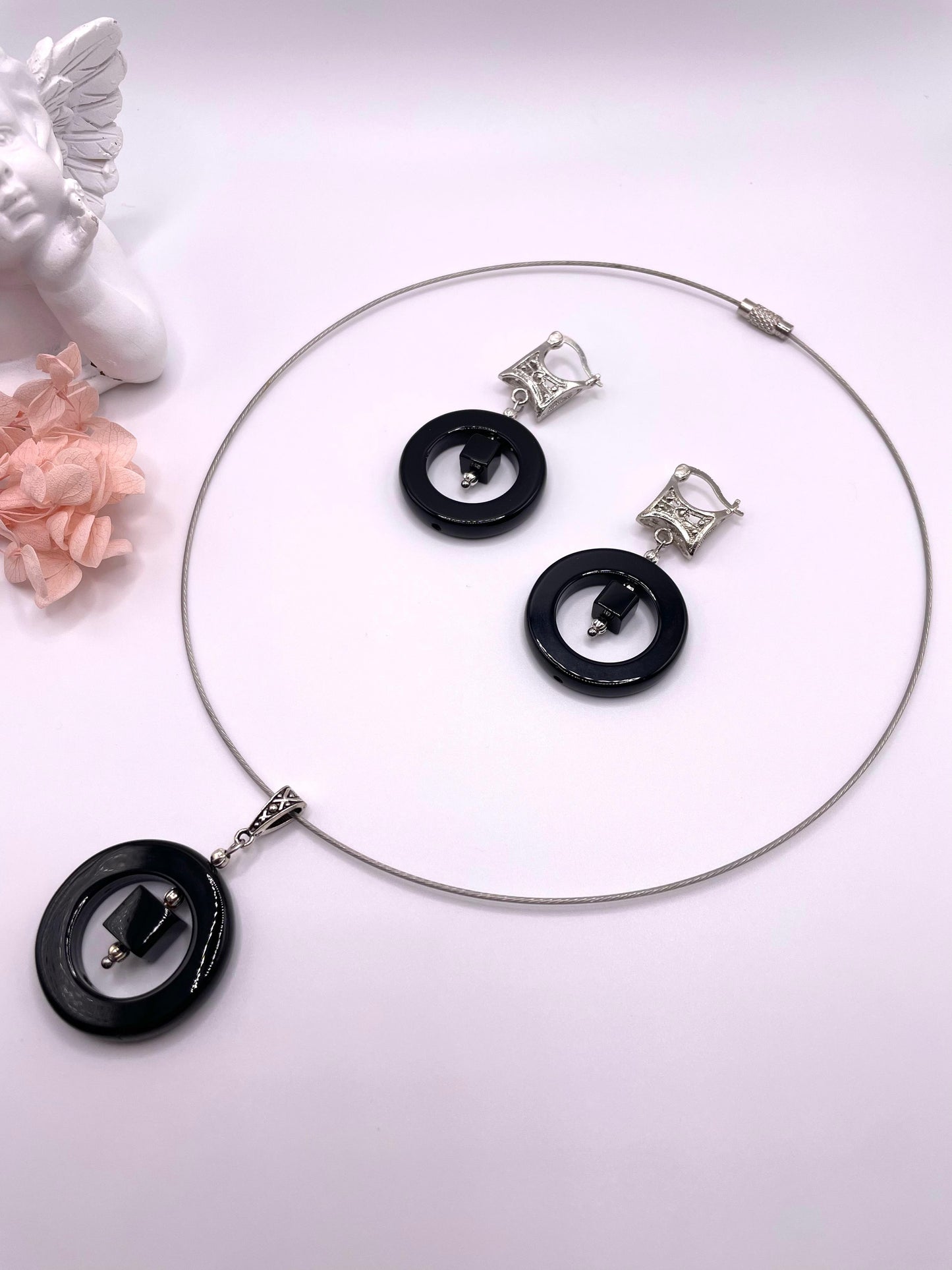 Onyx Schmuck-Set, Kette, Ohrringe